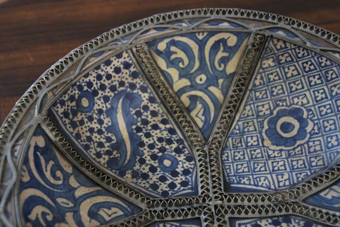 Moroccan Blue Ceramic Dish Bowl Adorned With Silver Filigree From Fez - 8