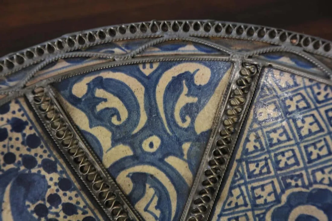 Moroccan Blue Ceramic Dish Bowl Adorned With Silver Filigree From Fez - 9