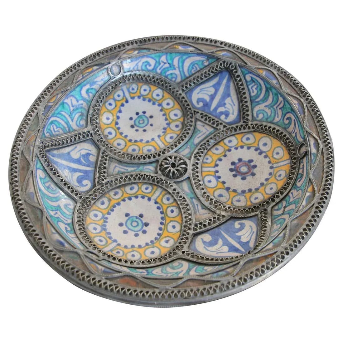 Moorish Moroccan Ceramic Bowl Adorned with Silver Filigree from Fez - 13