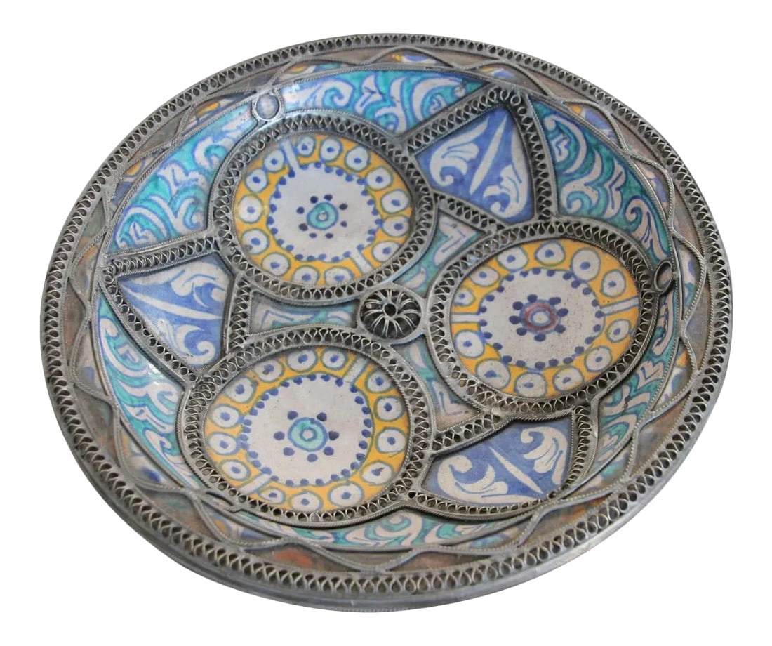 Moorish Moroccan Ceramic Bowl Adorned with Silver Filigree from Fez: Handcrafted Moorish Moroccan polychrome decorative ceramic Bowl, dish from Fez. Bleu de Fez, very nice designs hand painted by artist in Fez. Geometrical and floral Moorish designs and adorned with