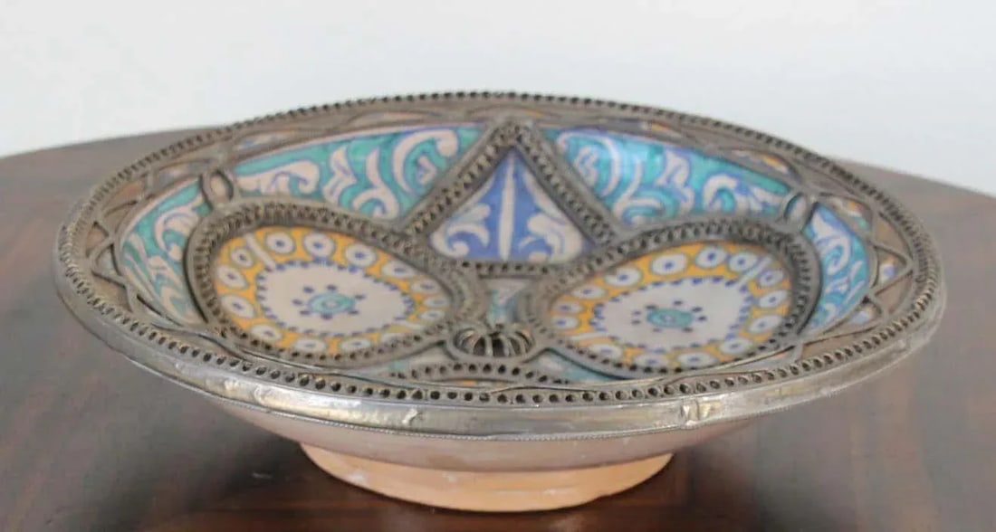 Moorish Moroccan Ceramic Bowl Adorned with Silver Filigree from Fez - 7