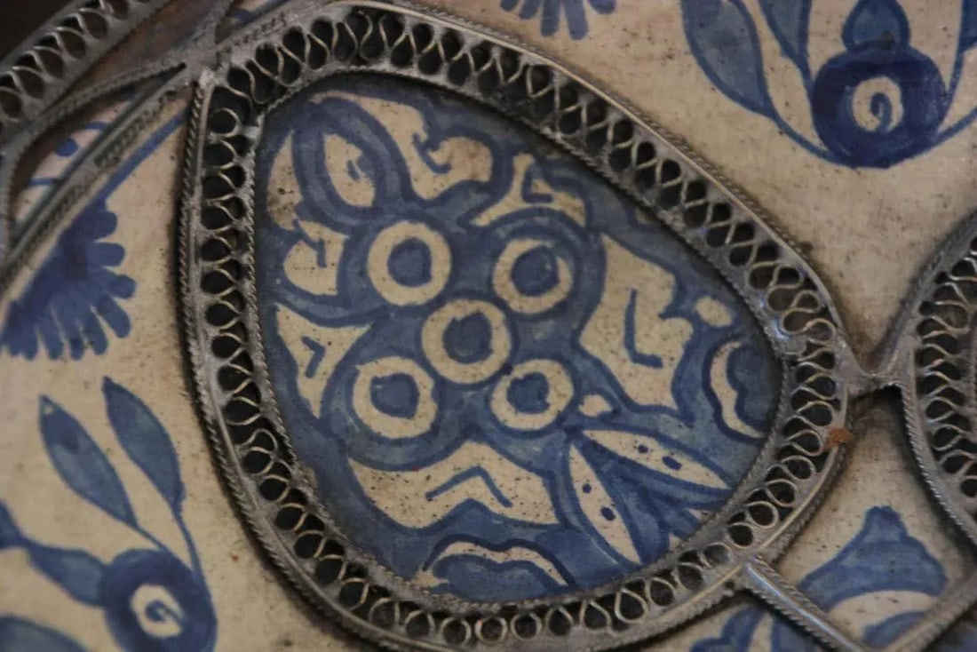 Moroccan Ceramic Blue Bowl Adorned With Silver Filigree From Fez Antique 1920s - 10
