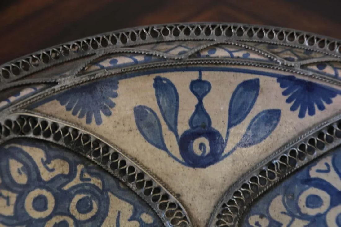 Moroccan Ceramic Blue Bowl Adorned With Silver Filigree From Fez Antique 1920s - 11