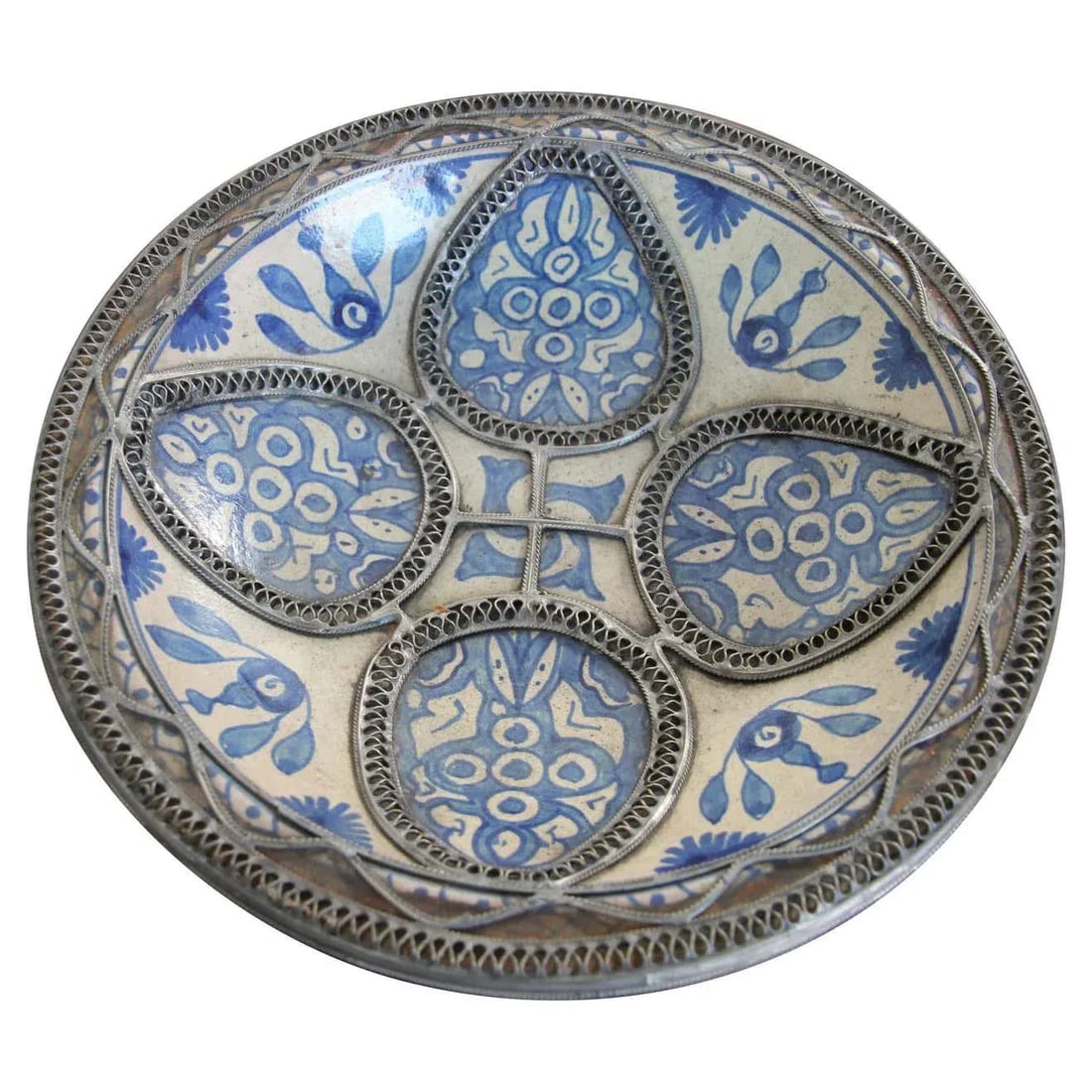 Moroccan Ceramic Blue Bowl Adorned With Silver Filigree From Fez Antique 1920s - 13