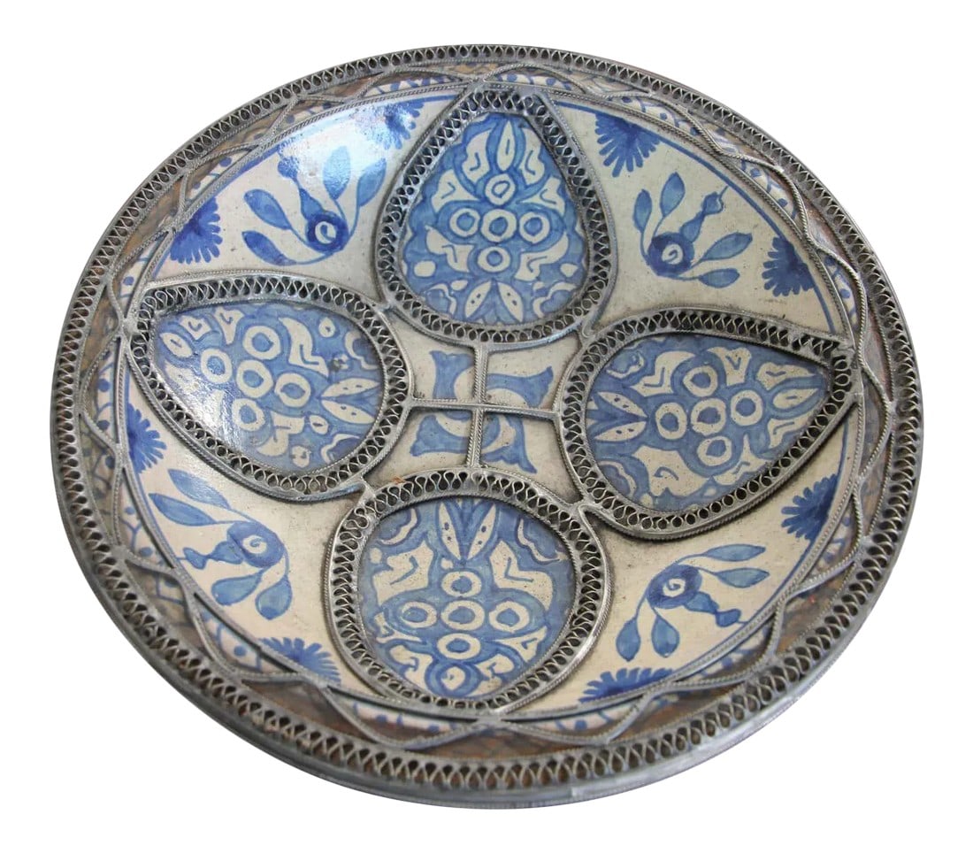 Moroccan Ceramic Blue Bowl Adorned With Silver Filigree From Fez Antique 1920s: Handcrafted Moorish Moroccan blue decorative ceramic Bowl, dish from Fez. Bleu de Fez, very nice designs hand painted by artist in Fez. Geometrical and floral Moorish designs and adorned with nickel