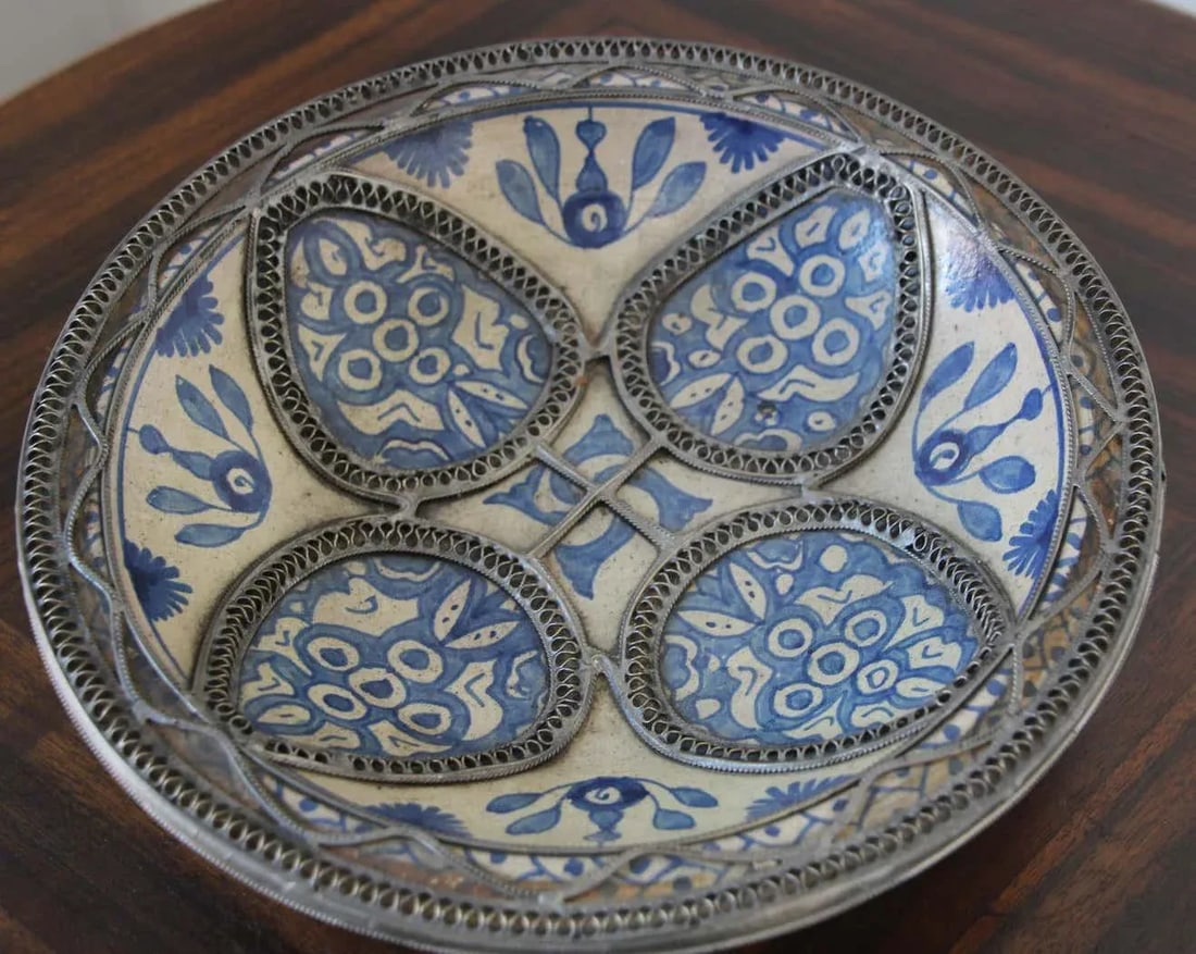 Moroccan Ceramic Blue Bowl Adorned With Silver Filigree From Fez Antique 1920s - 6