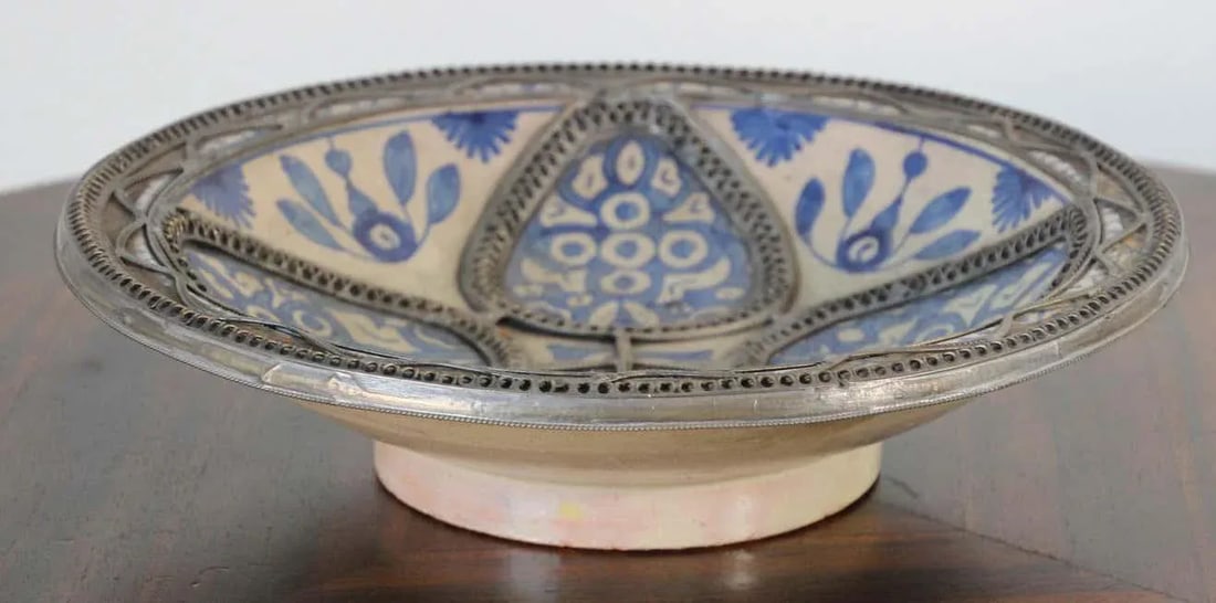 Moroccan Ceramic Blue Bowl Adorned With Silver Filigree From Fez Antique 1920s - 7