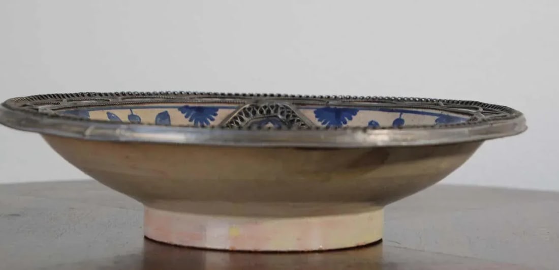 Moroccan Ceramic Blue Bowl Adorned With Silver Filigree From Fez Antique 1920s - 8