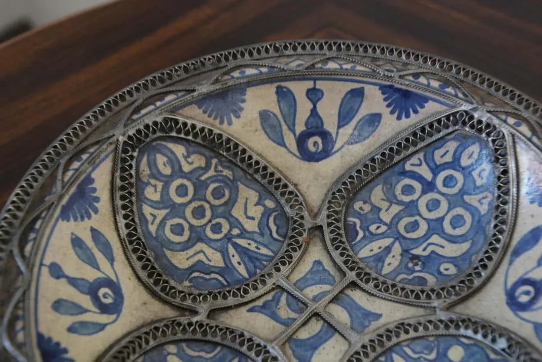 Moroccan Ceramic Blue Bowl Adorned With Silver Filigree From Fez Antique 1920s - 9