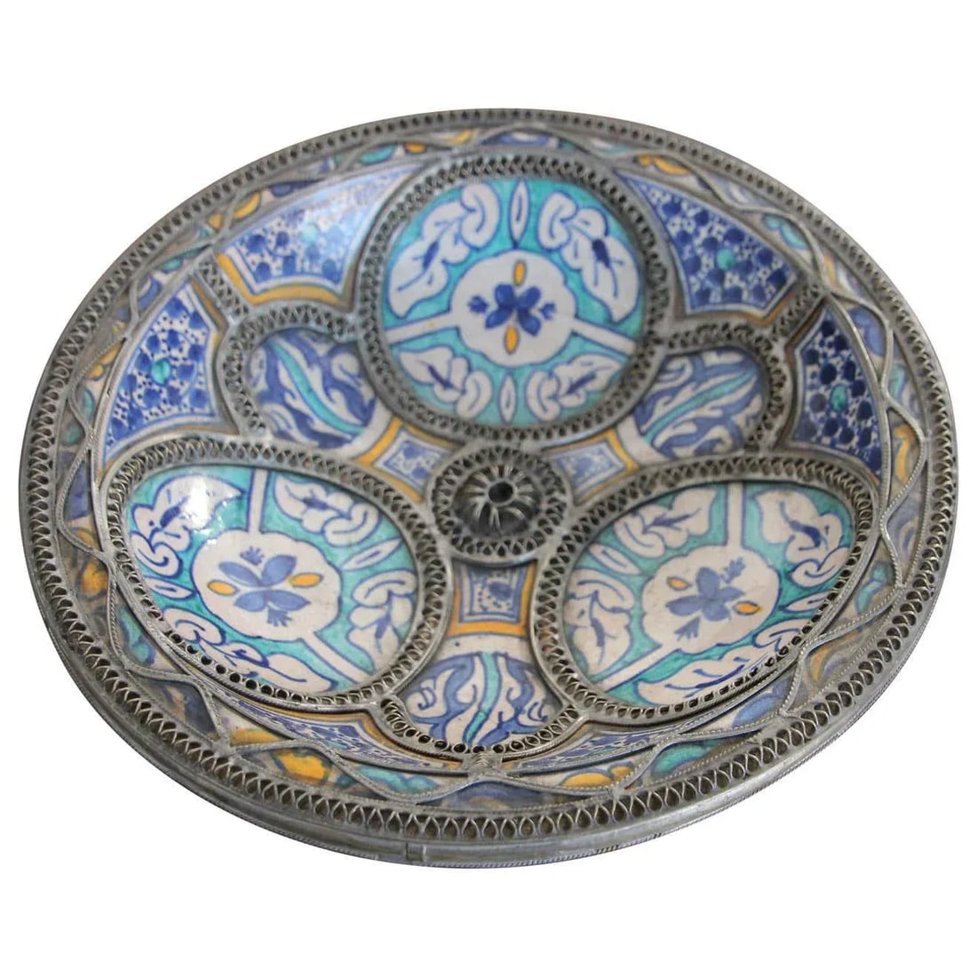 Moorish Ceramic Dish Bowl Adorned with Silver Filigree from Fez - 13