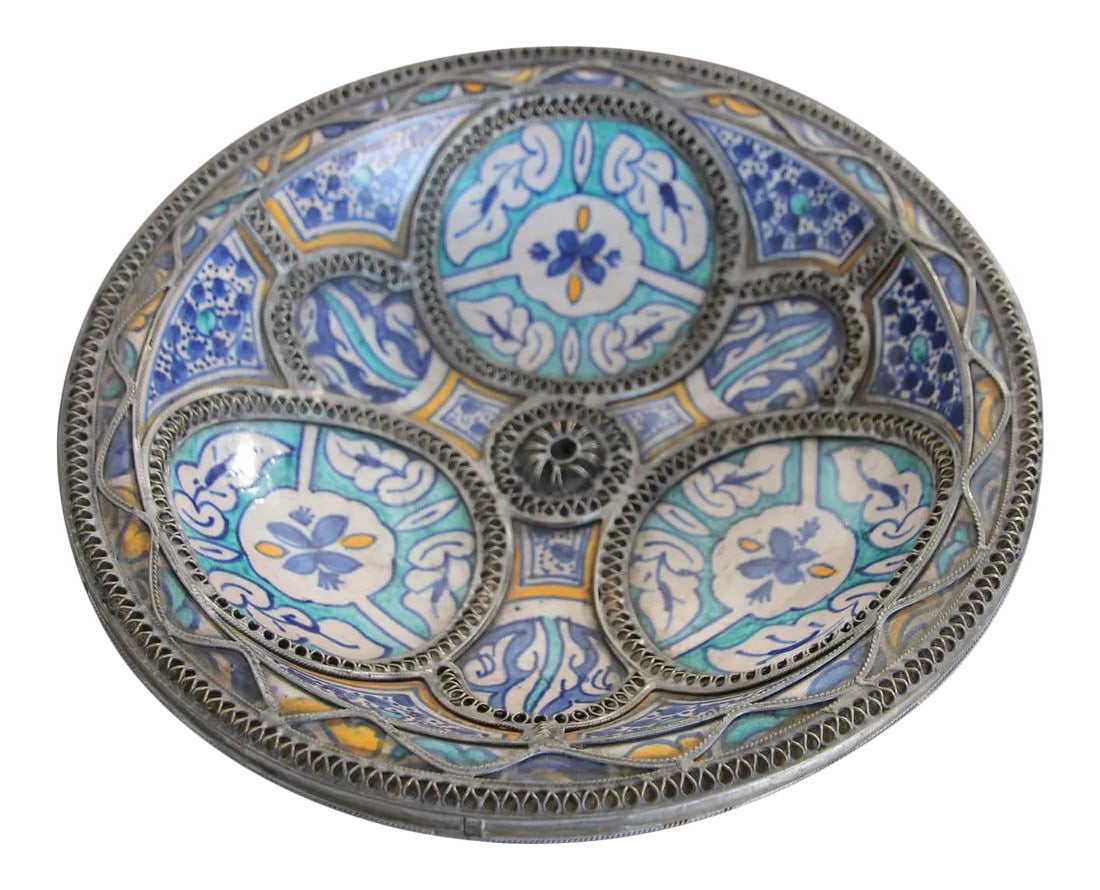 Moorish Ceramic Dish Bowl Adorned with Silver Filigree from Fez: Handcrafted Moorish Moroccan polychrome decorative ceramic Bowl, dish from Fez. Bleu de Fez, very nice designs hand painted by artist in Fez. Geometrical and floral Moorish designs and adorned with