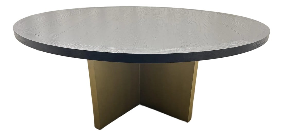 Arhaus Sculptural Pedestal Round Dining Table "” 72": Arhaus Sculptural Pedestal Round Dining Table "” 72" Deep Black Wood Top | Warm Antiqued Brass–Toned Metal Base Very Good Pre-Owned | Substantial Scale | European Contemporary Style Select