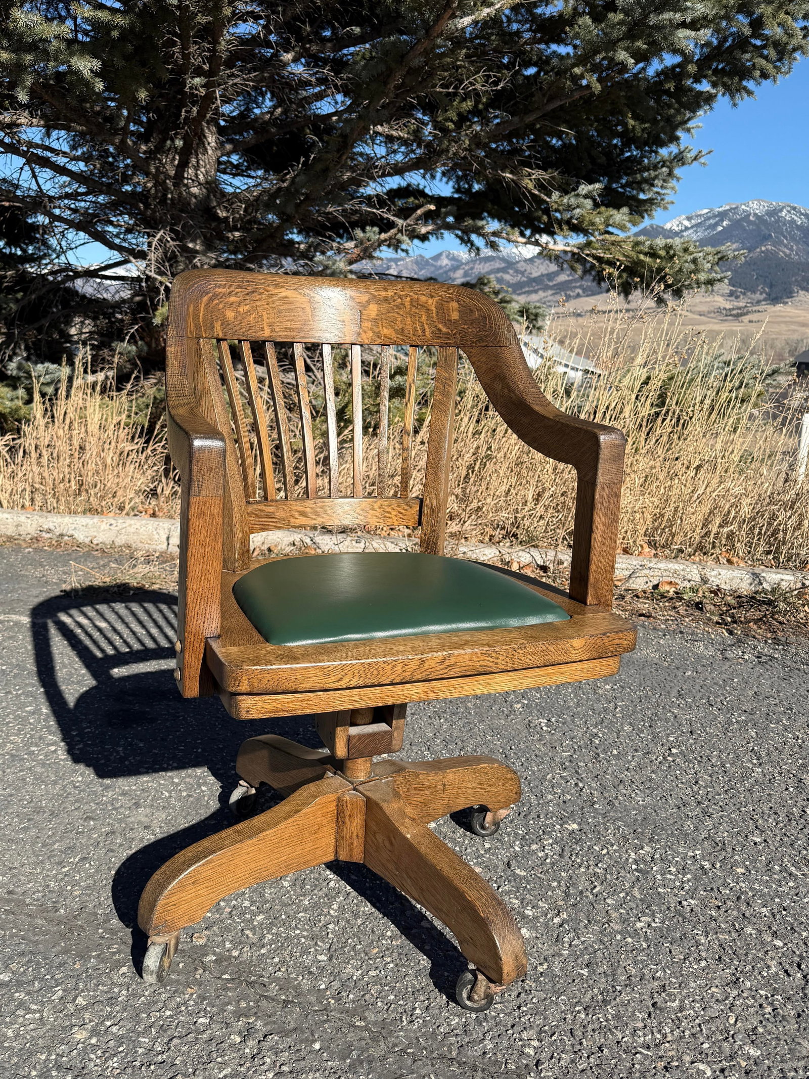 Antique Oak Bankers Chair With Hunters Green Seat - 10