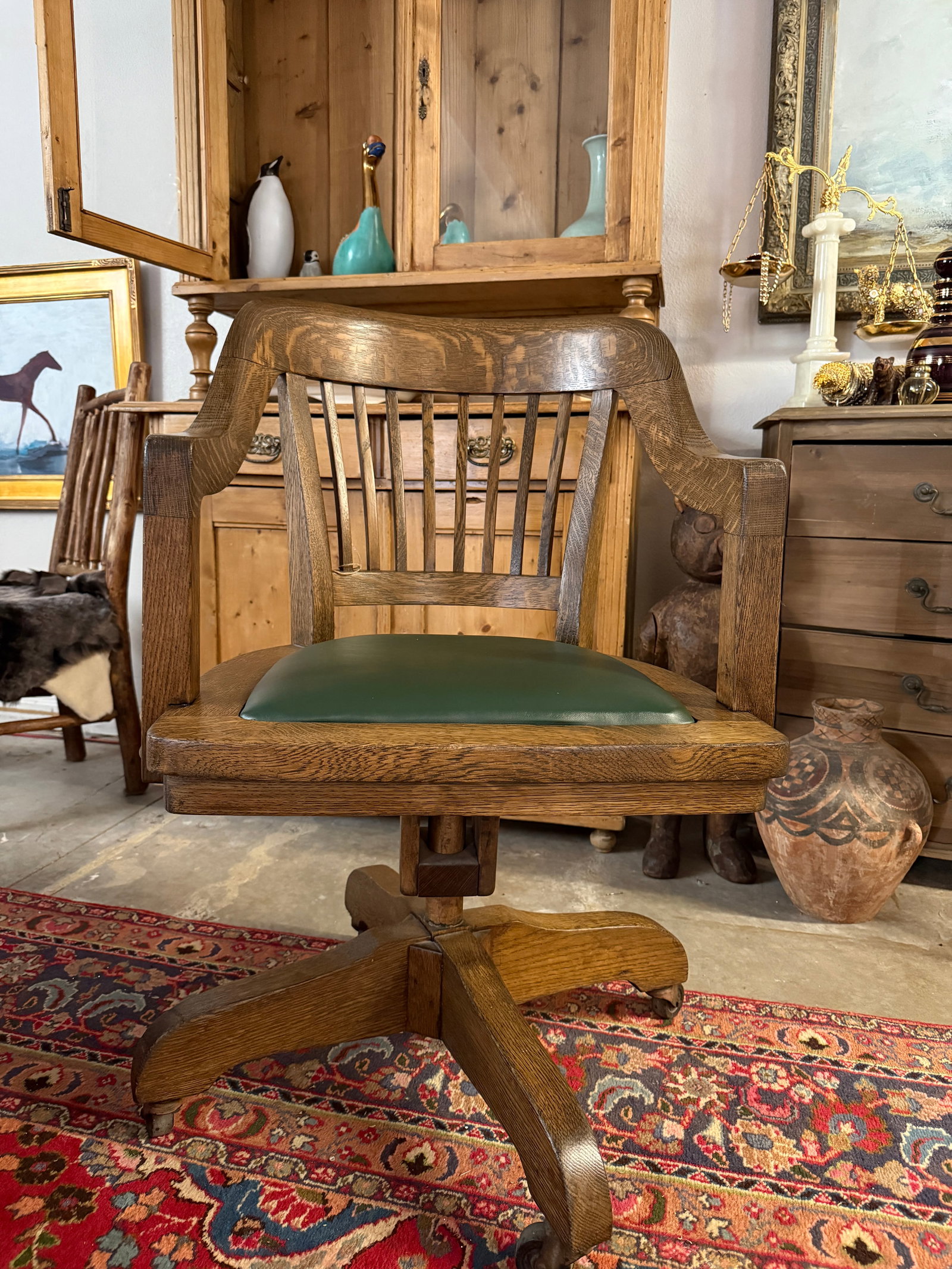 Antique Oak Bankers Chair With Hunters Green Seat - 11