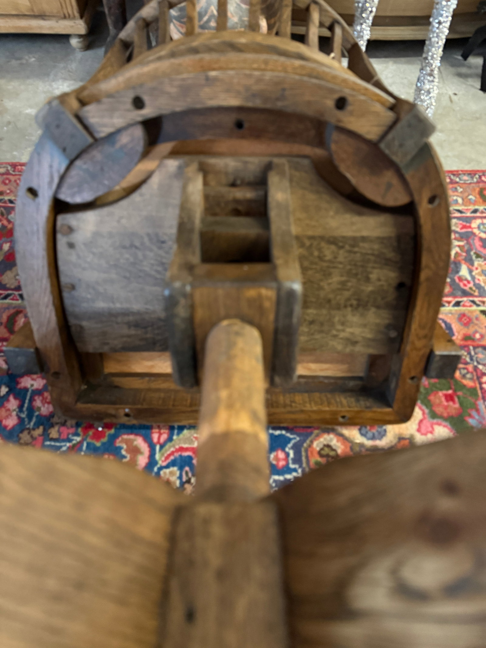 Antique Oak Bankers Chair With Hunters Green Seat - 12