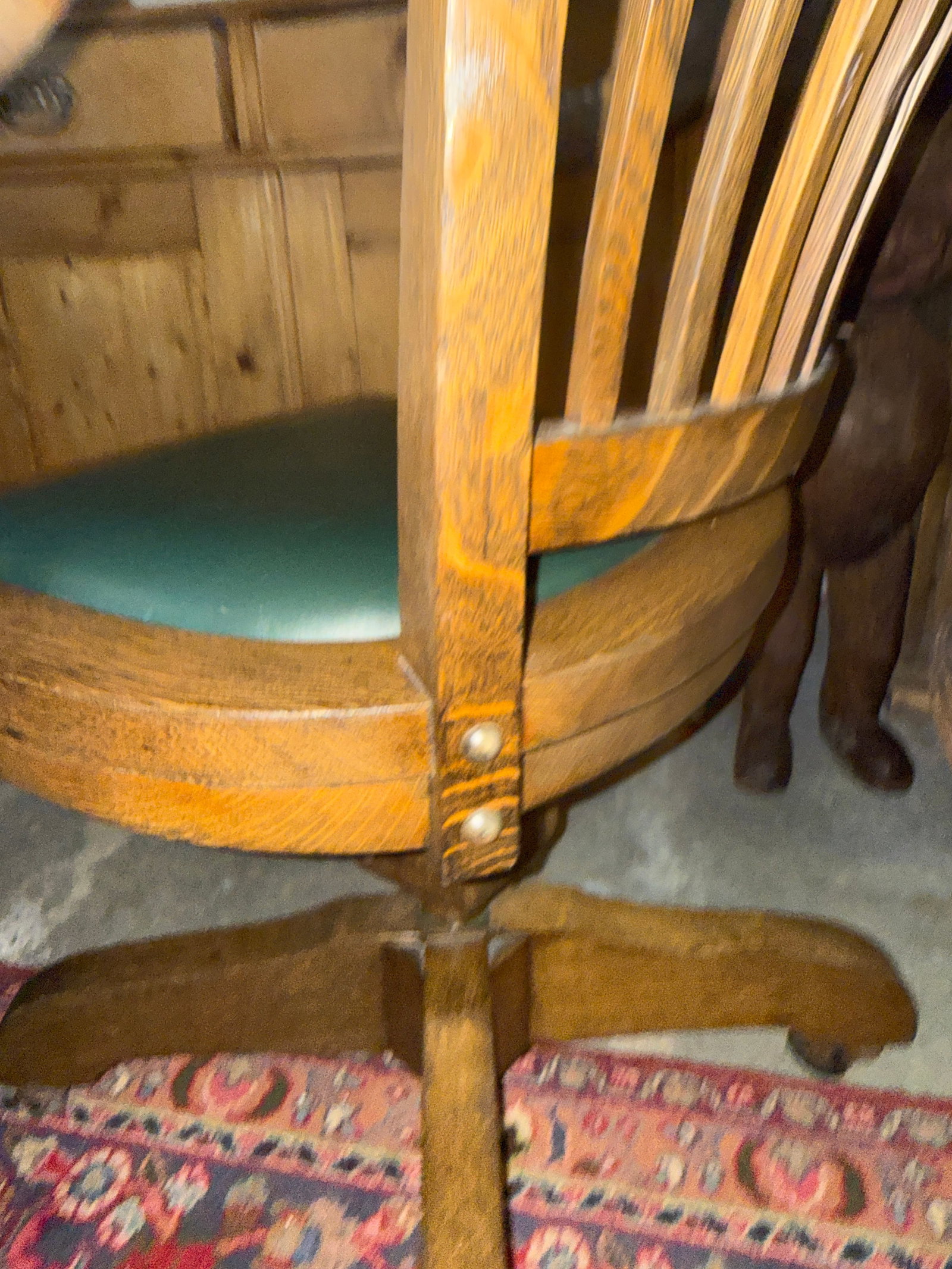Antique Oak Bankers Chair With Hunters Green Seat - 2