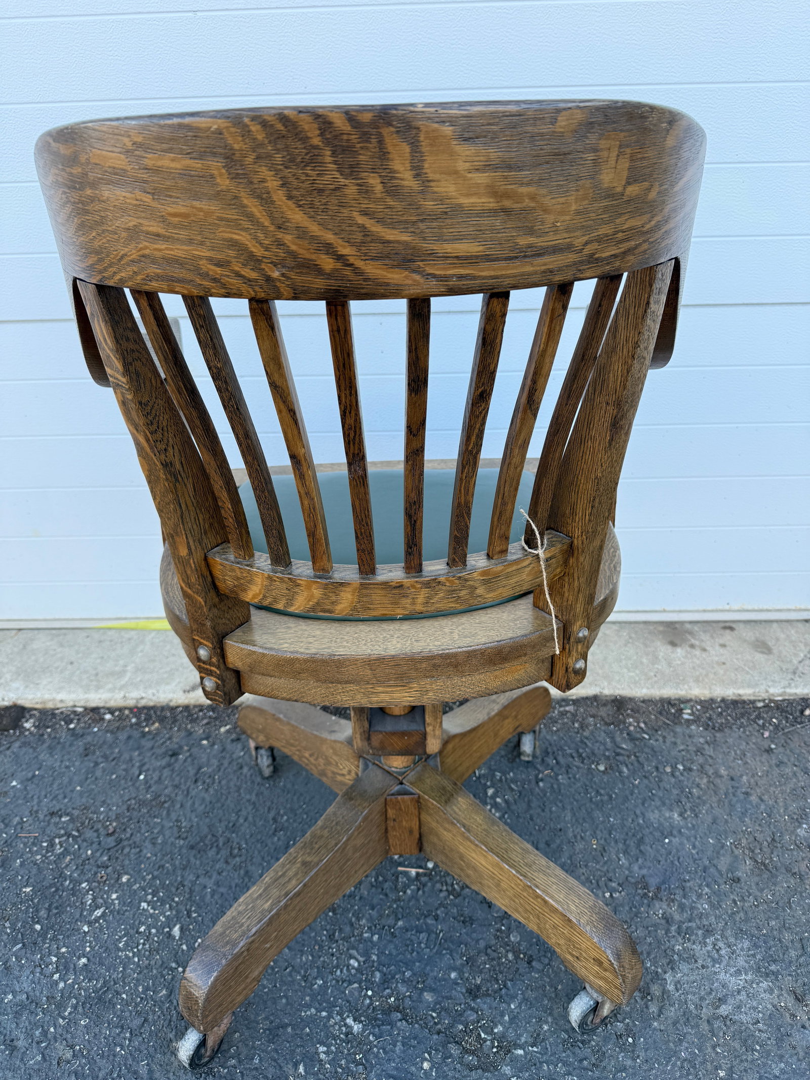 Antique Oak Bankers Chair With Hunters Green Seat - 3