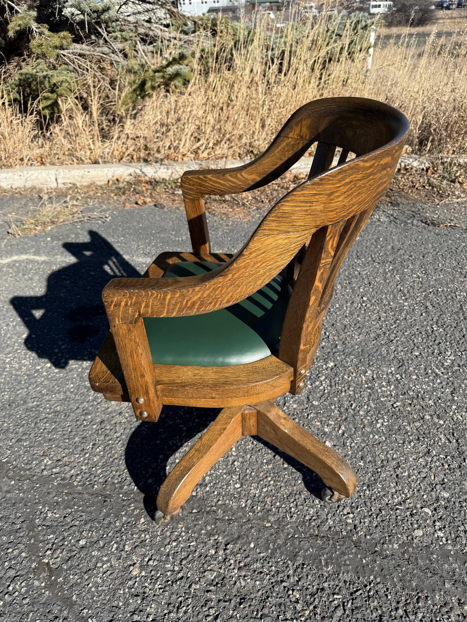 Antique Oak Bankers Chair With Hunters Green Seat - 4