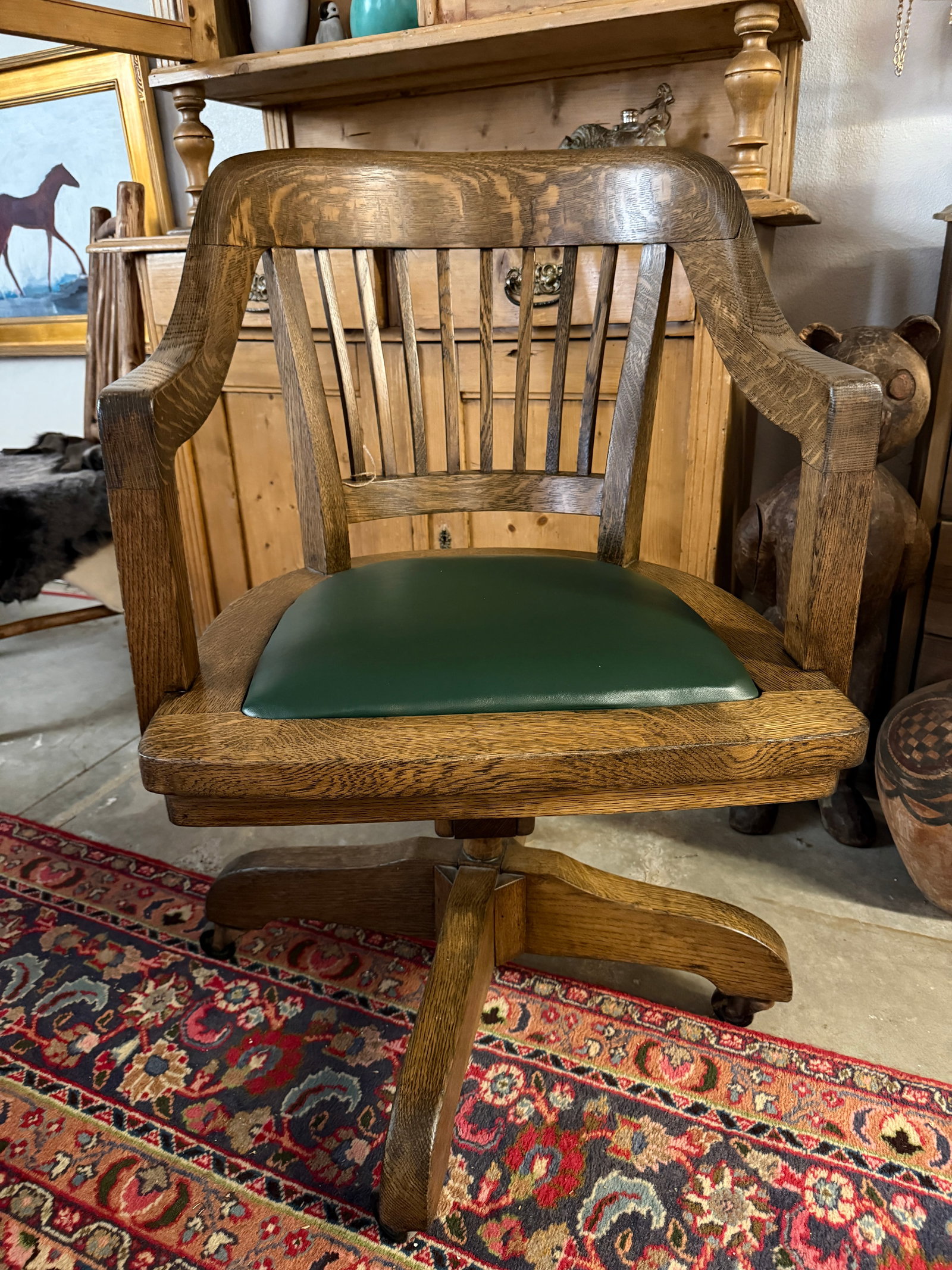 Antique Oak Bankers Chair With Hunters Green Seat - 5