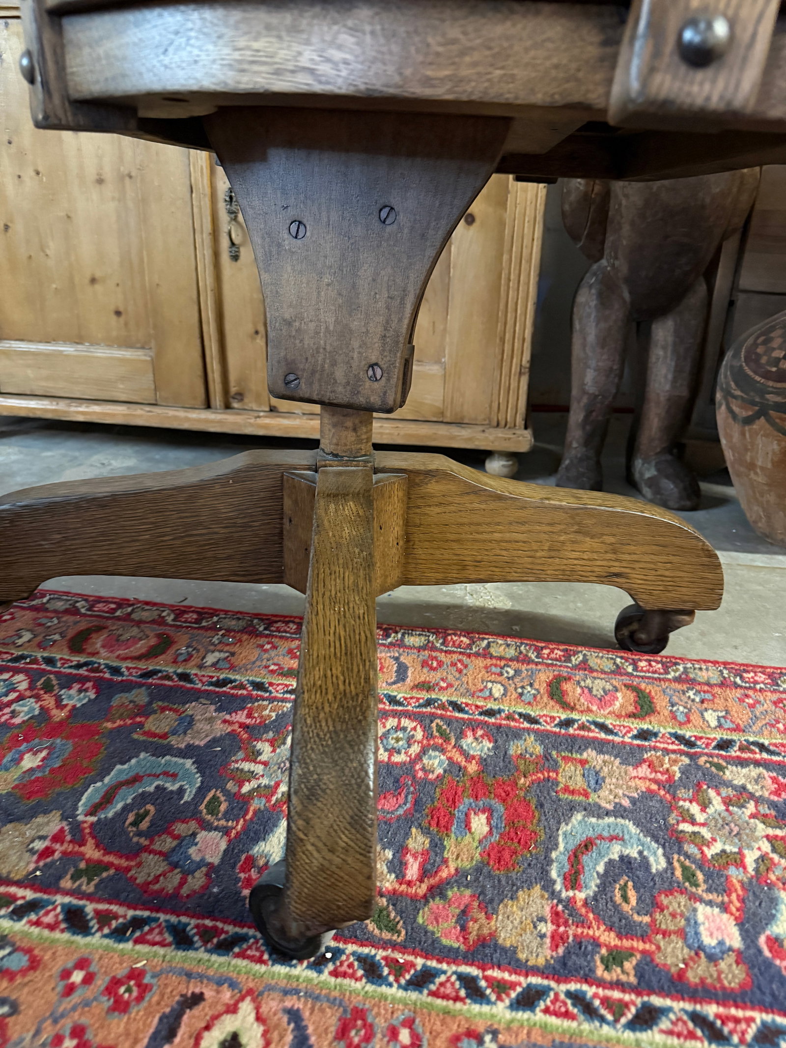 Antique Oak Bankers Chair With Hunters Green Seat - 6