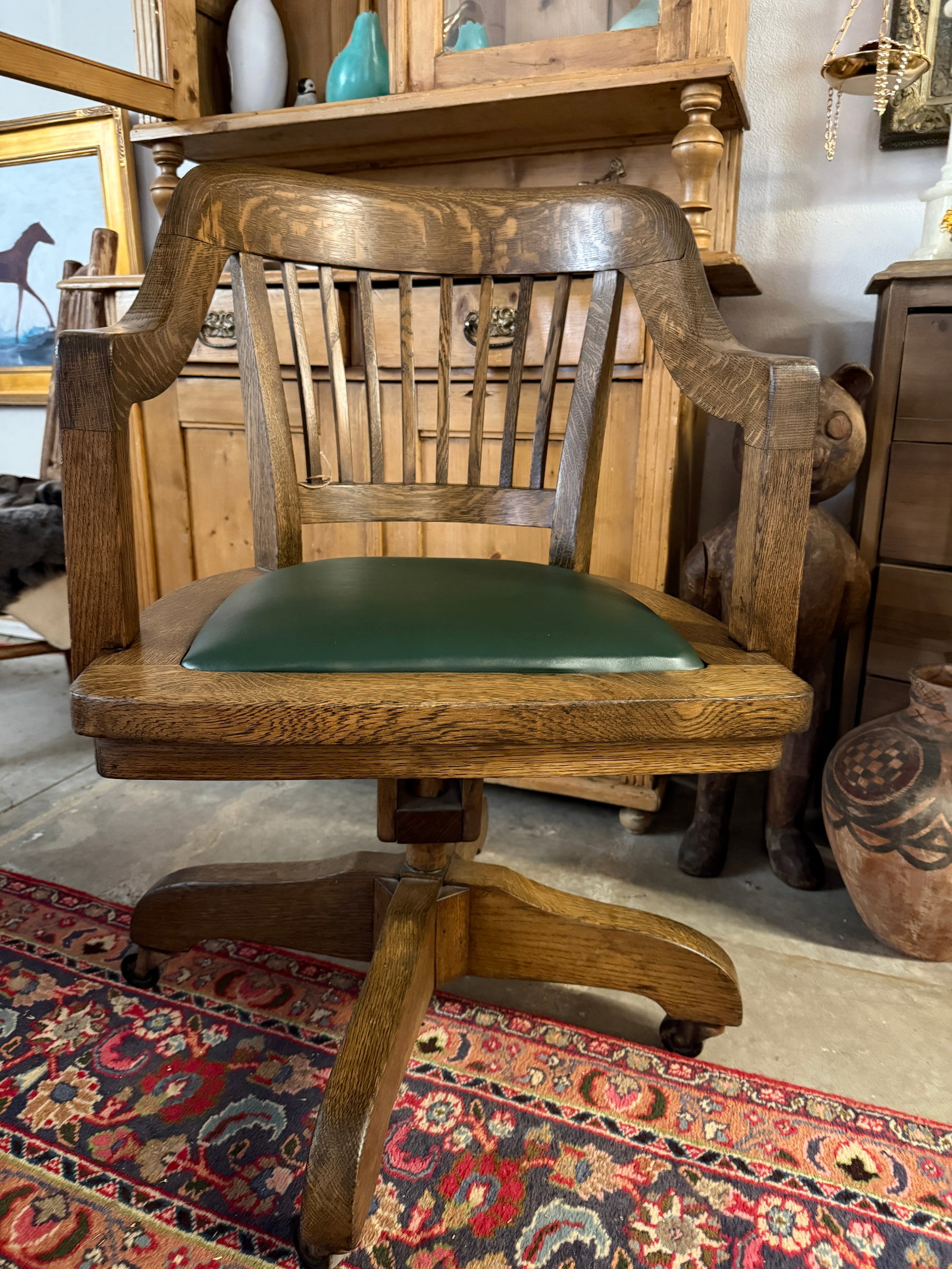 Antique Oak Bankers Chair With Hunters Green Seat - 7