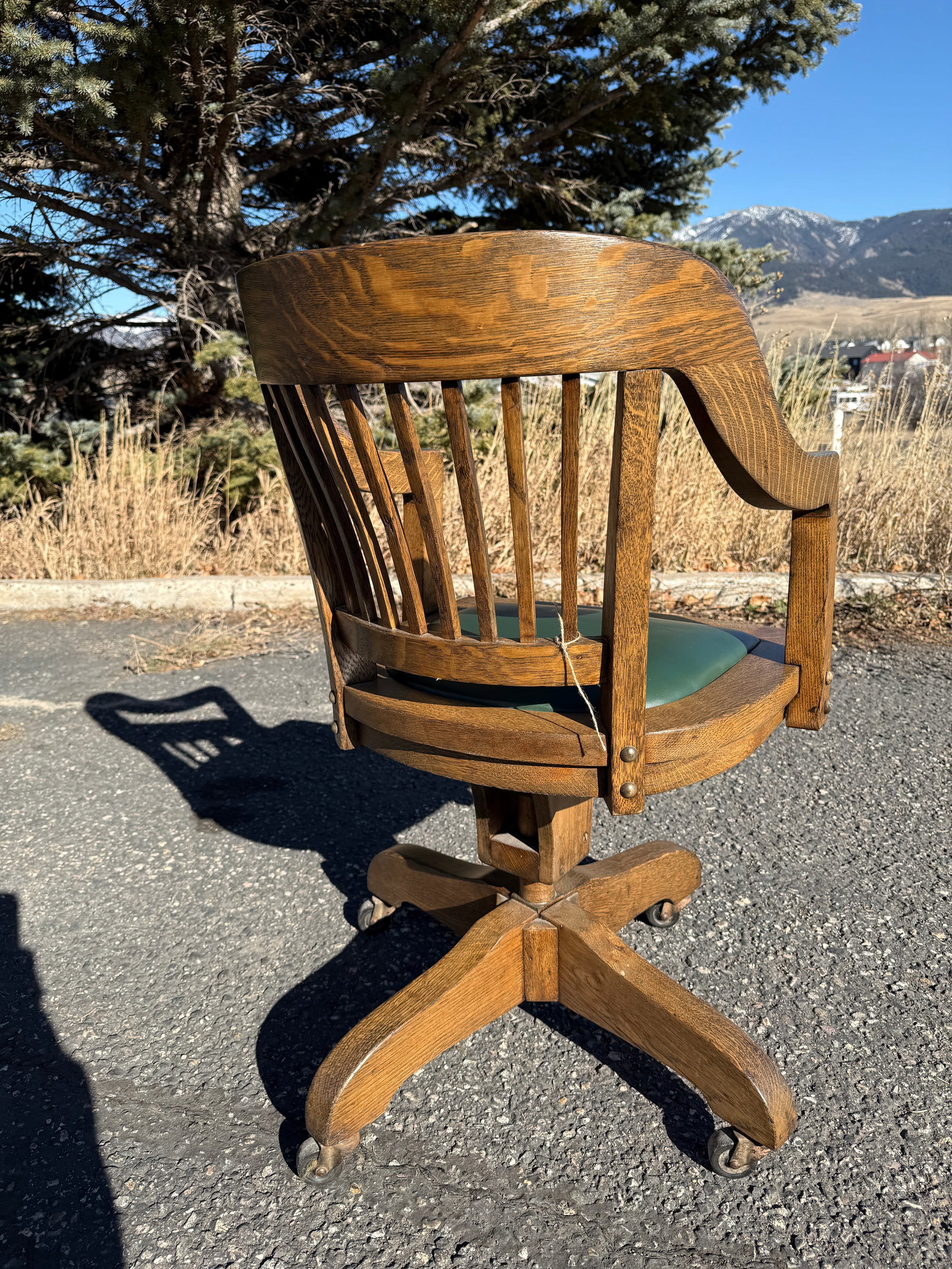 Antique Oak Bankers Chair With Hunters Green Seat - 8