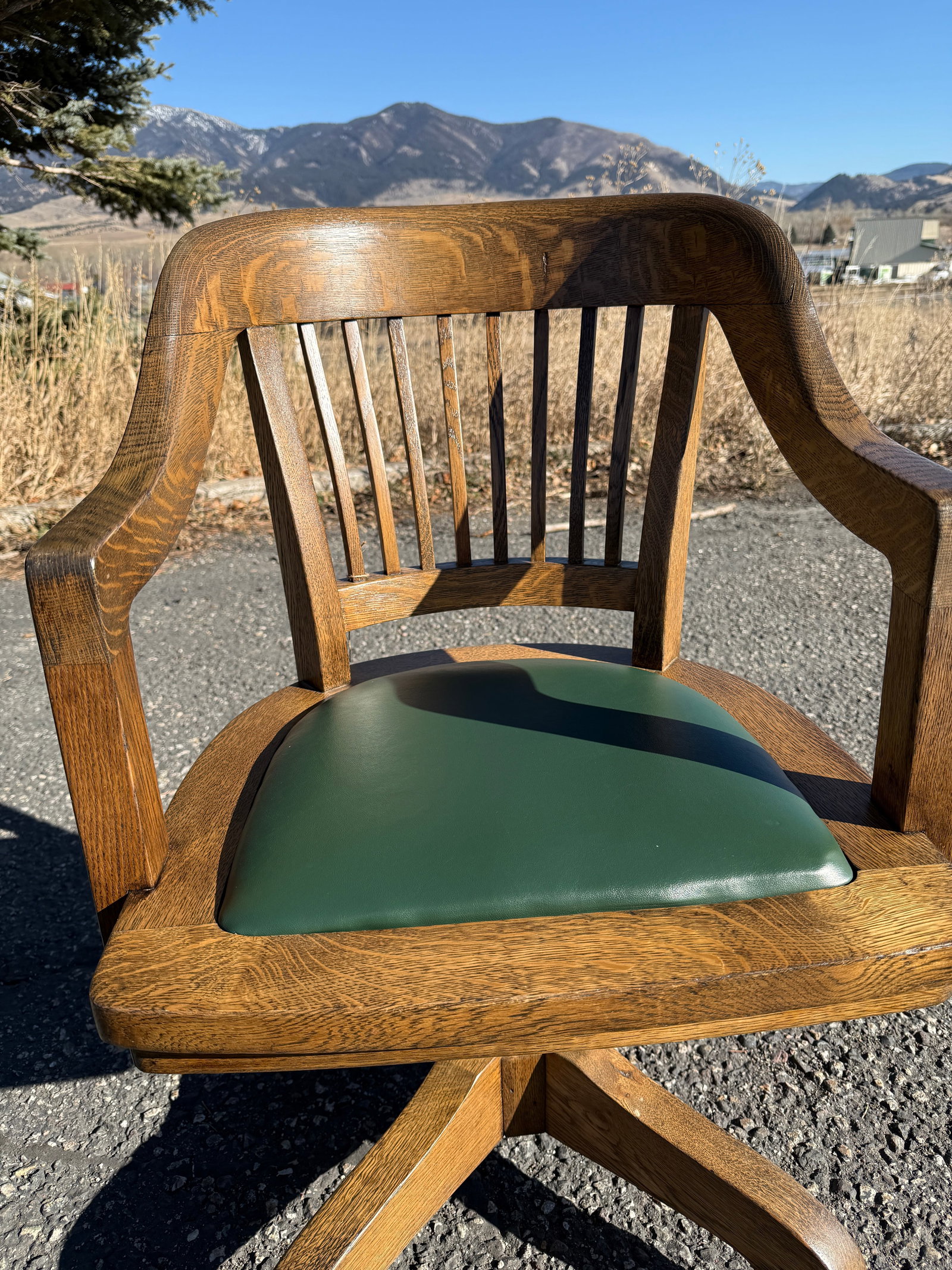 Antique Oak Bankers Chair With Hunters Green Seat - 9