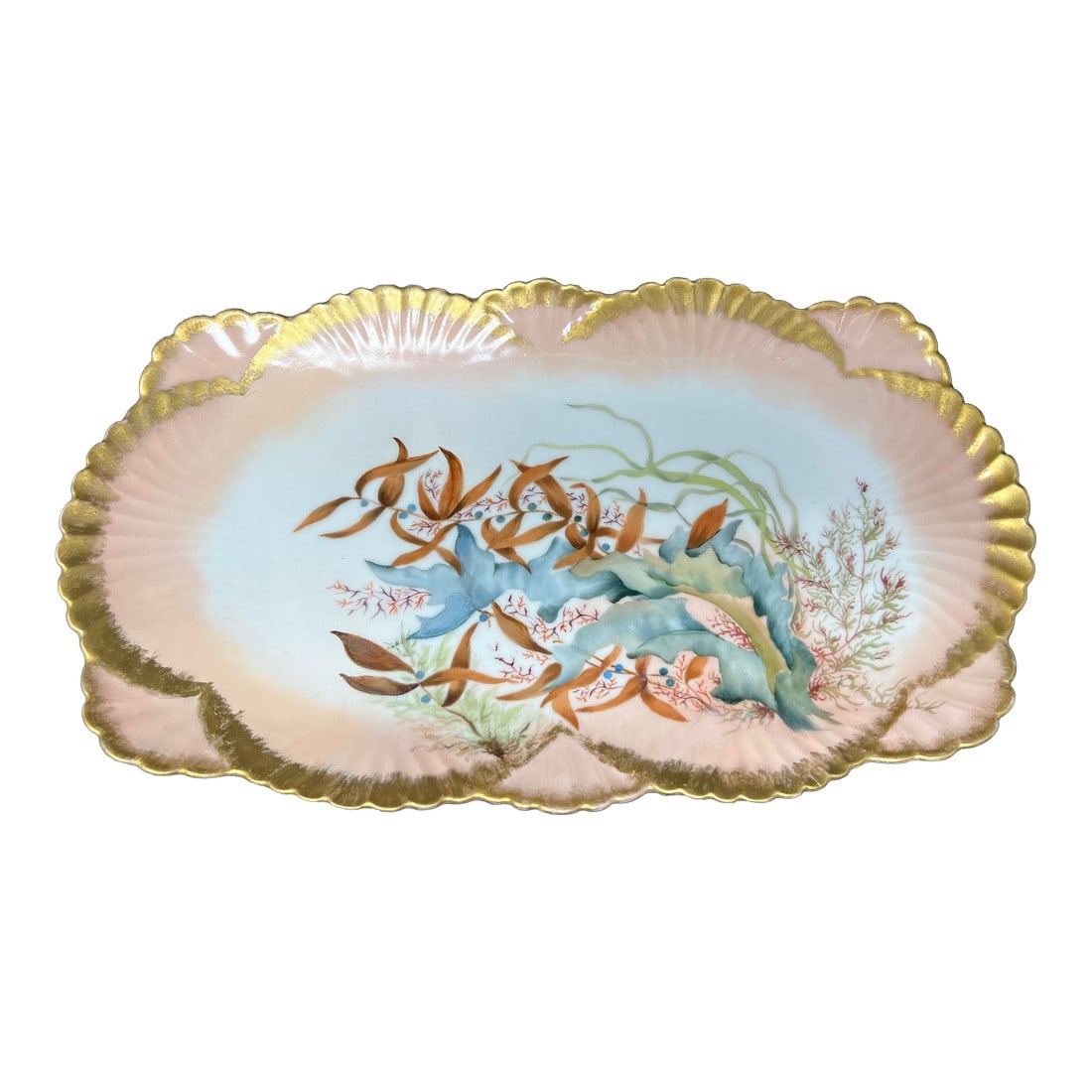 Antique Hand-Painted Limoges Porcelain Charger, Art Nouveau Marine Botanical, France c.1900: An authentic turn-of-the-century French Limoges porcelain cabinet charger, hand painted in an Art Nouveau marine botanical motif. Flowing seaweed and coral forms are rendered in soft enamel tones over