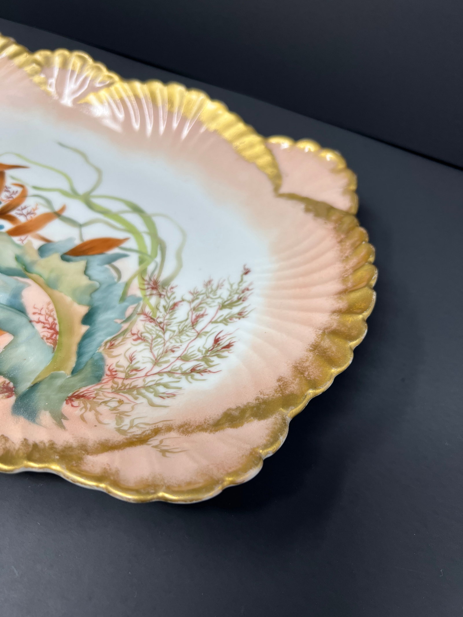 Antique Hand-Painted Limoges Porcelain Charger, Art Nouveau Marine Botanical, France c.1900 - 7