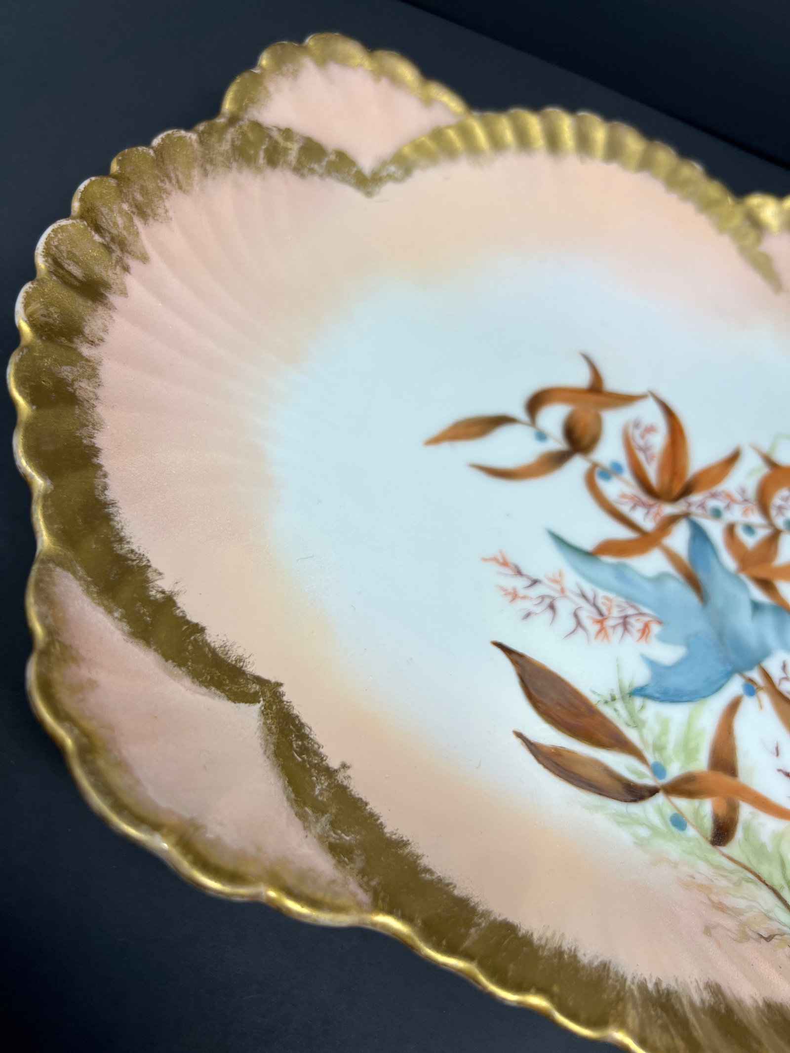 Antique Hand-Painted Limoges Porcelain Charger, Art Nouveau Marine Botanical, France c.1900 - 8