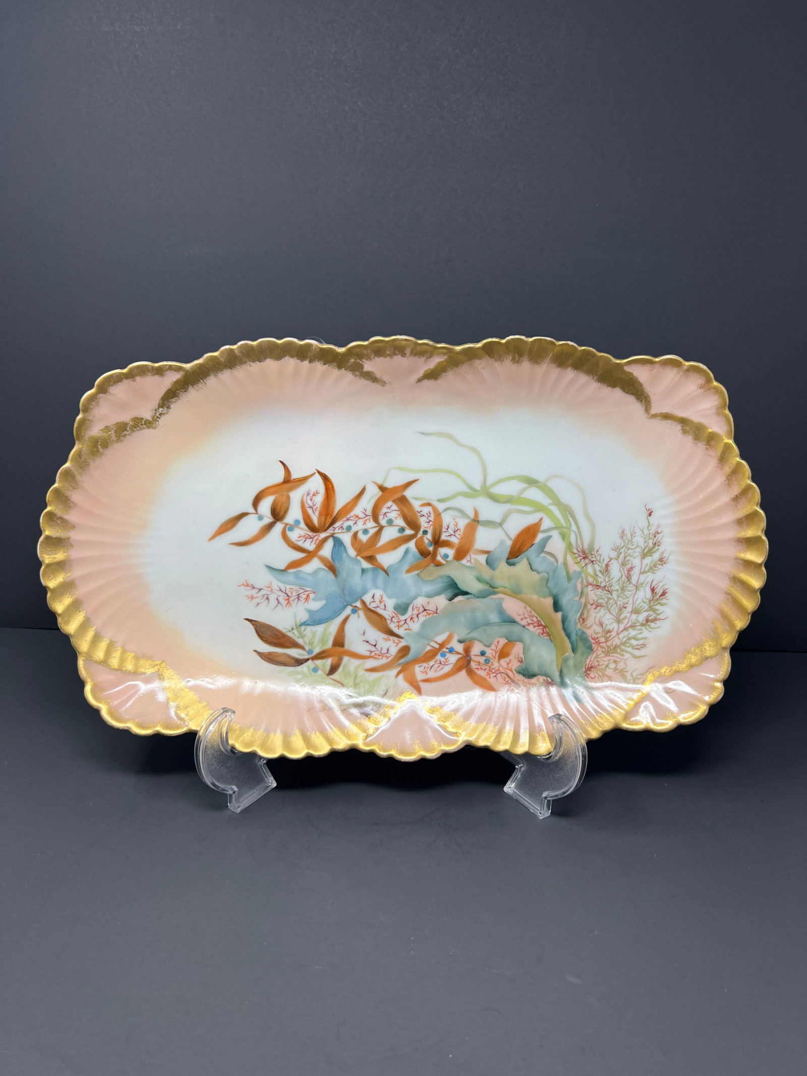Antique Hand-Painted Limoges Porcelain Charger, Art Nouveau Marine Botanical, France c.1900 - 9