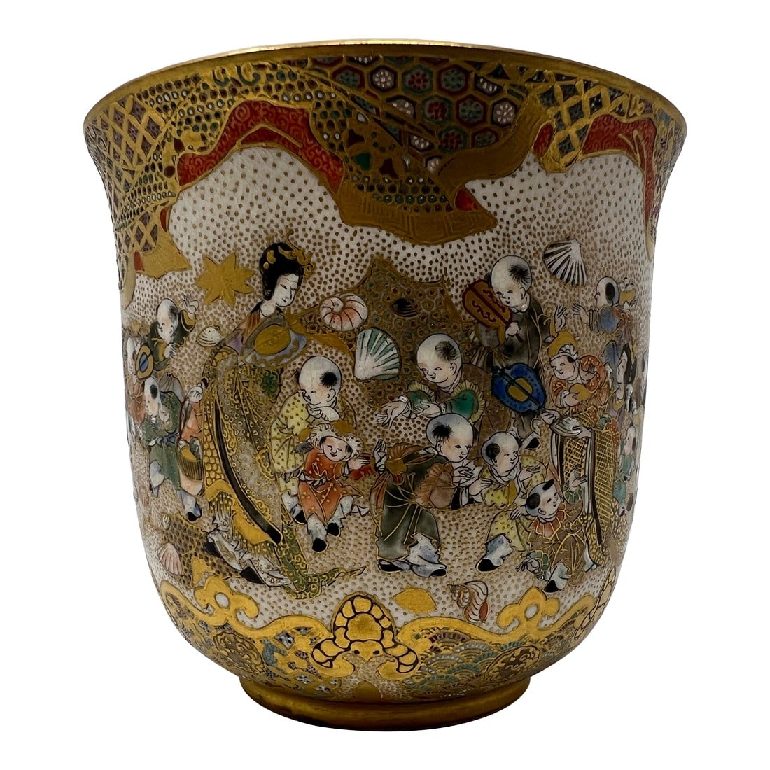Japanese Satsuma Moriage Gilt Karako Scene Jardinière Cup – Early 20th Century Export Art: An intricately hand-painted Japanese Satsuma pottery vessel featuring lively karako children and a court scene, richly embellished with raised moriage enamels and gold throughout. A finely detailed