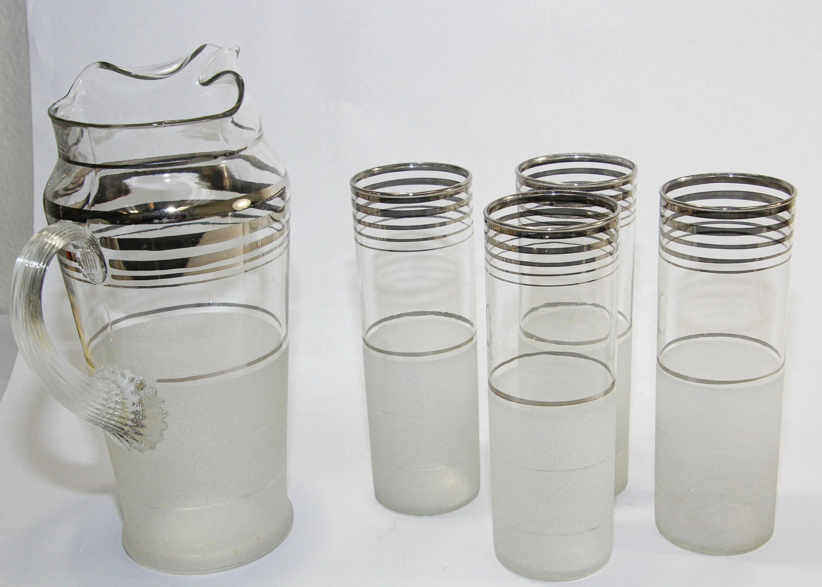 Vintage Frosted & Silver Rim Barware Cocktail Pitcher & Glasses - Set of 5 - 10