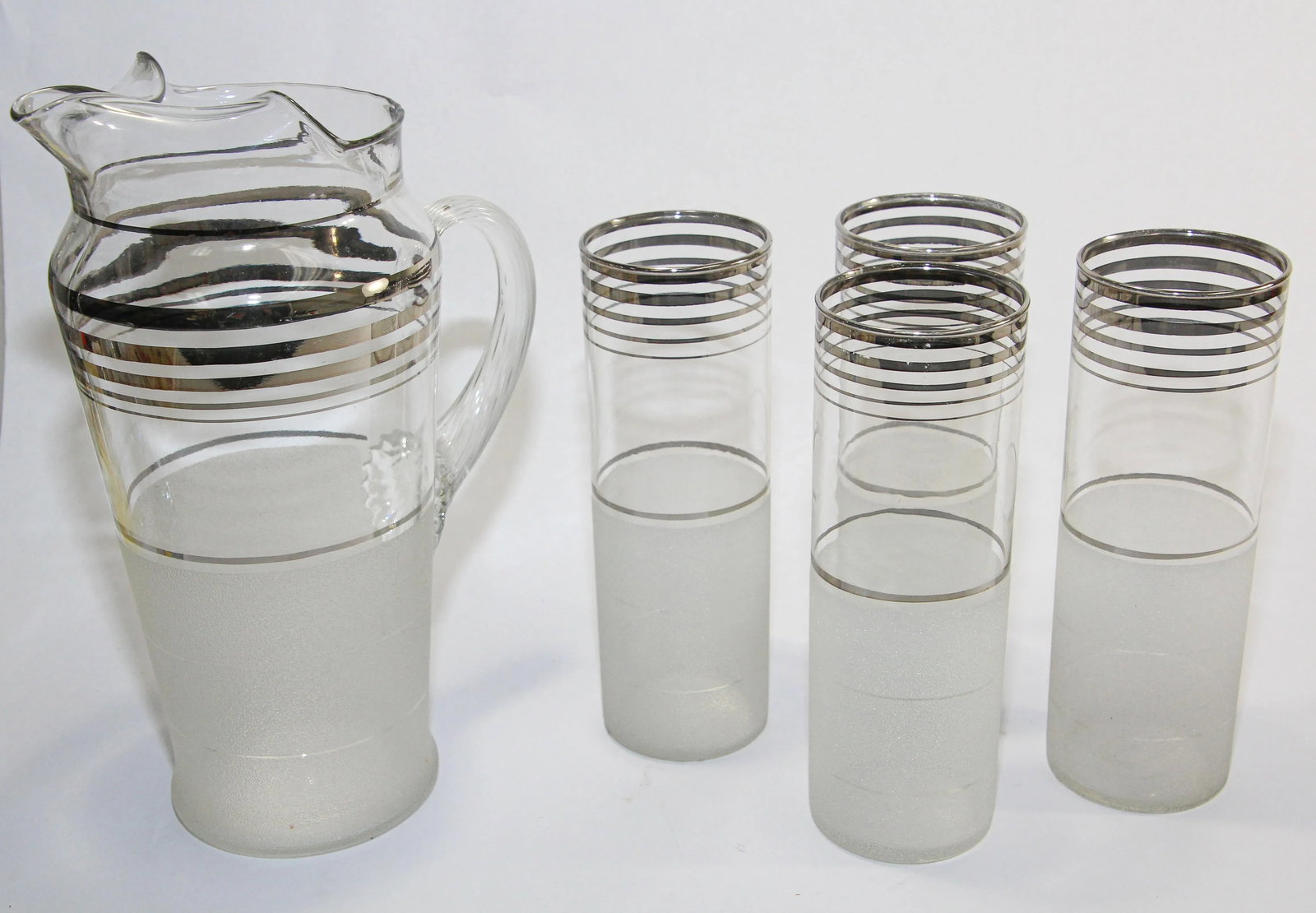 Vintage Frosted & Silver Rim Barware Cocktail Pitcher & Glasses - Set of 5 - 11