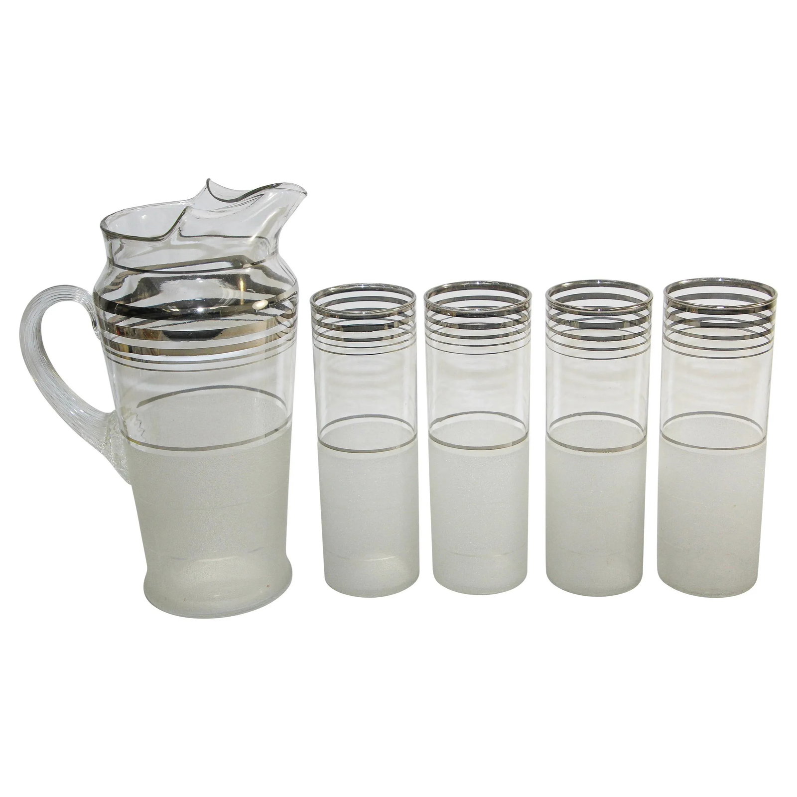 Vintage Frosted & Silver Rim Barware Cocktail Pitcher & Glasses - Set of 5 - 12