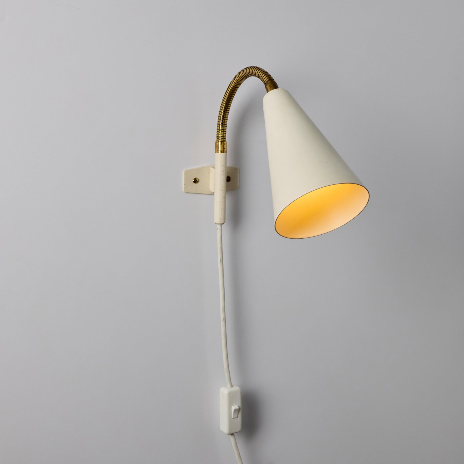 1960s Plug-in White Conical Brass & Metal Wall Lamps Attributed to Hans Agne Jakobsson - a Pair - 12