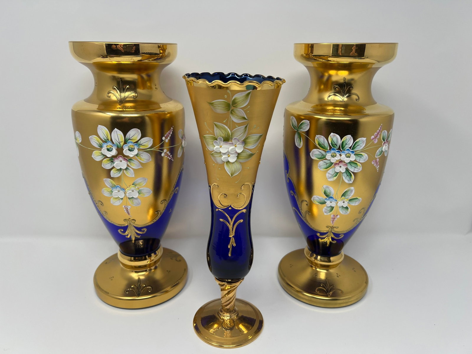 Signed Antique Moser Karlsbad Cobalt & Gilt Enamel Art Glass Garniture Set, 3 Pieces, Circa 1900 - 2