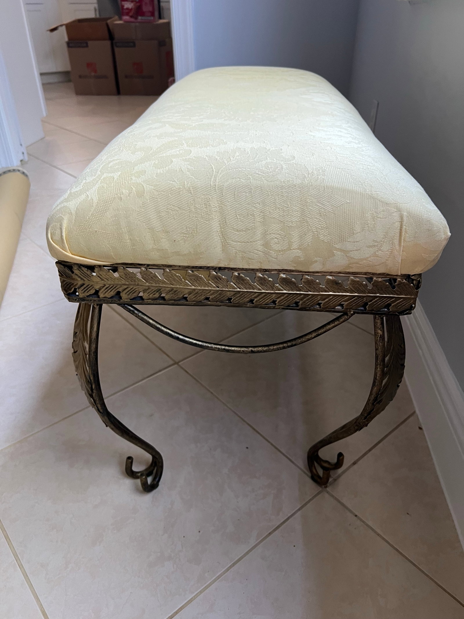 Vintage Metal Base Bench Yellow Damask Fabric Seat - 2