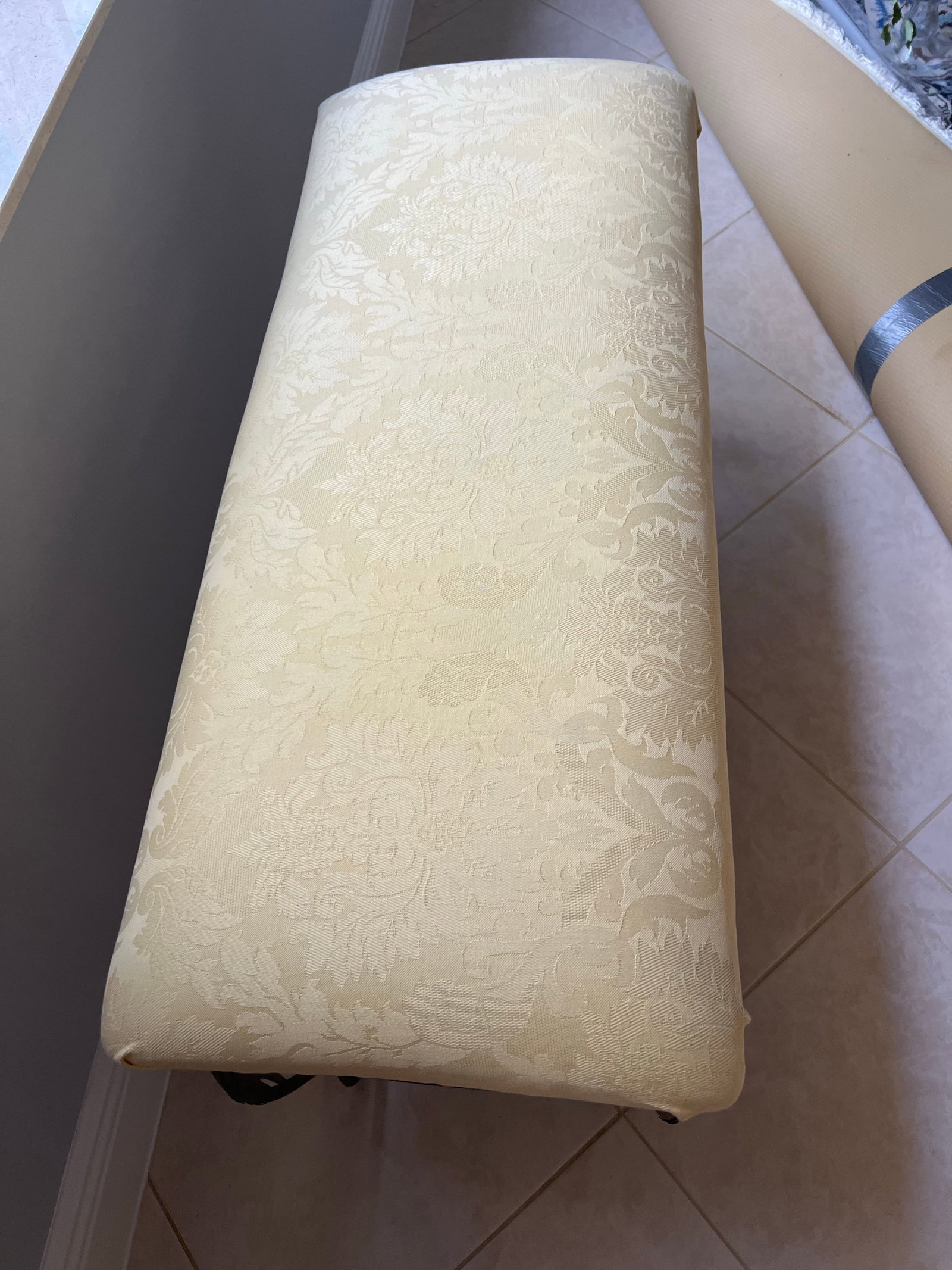 Vintage Metal Base Bench Yellow Damask Fabric Seat - 3