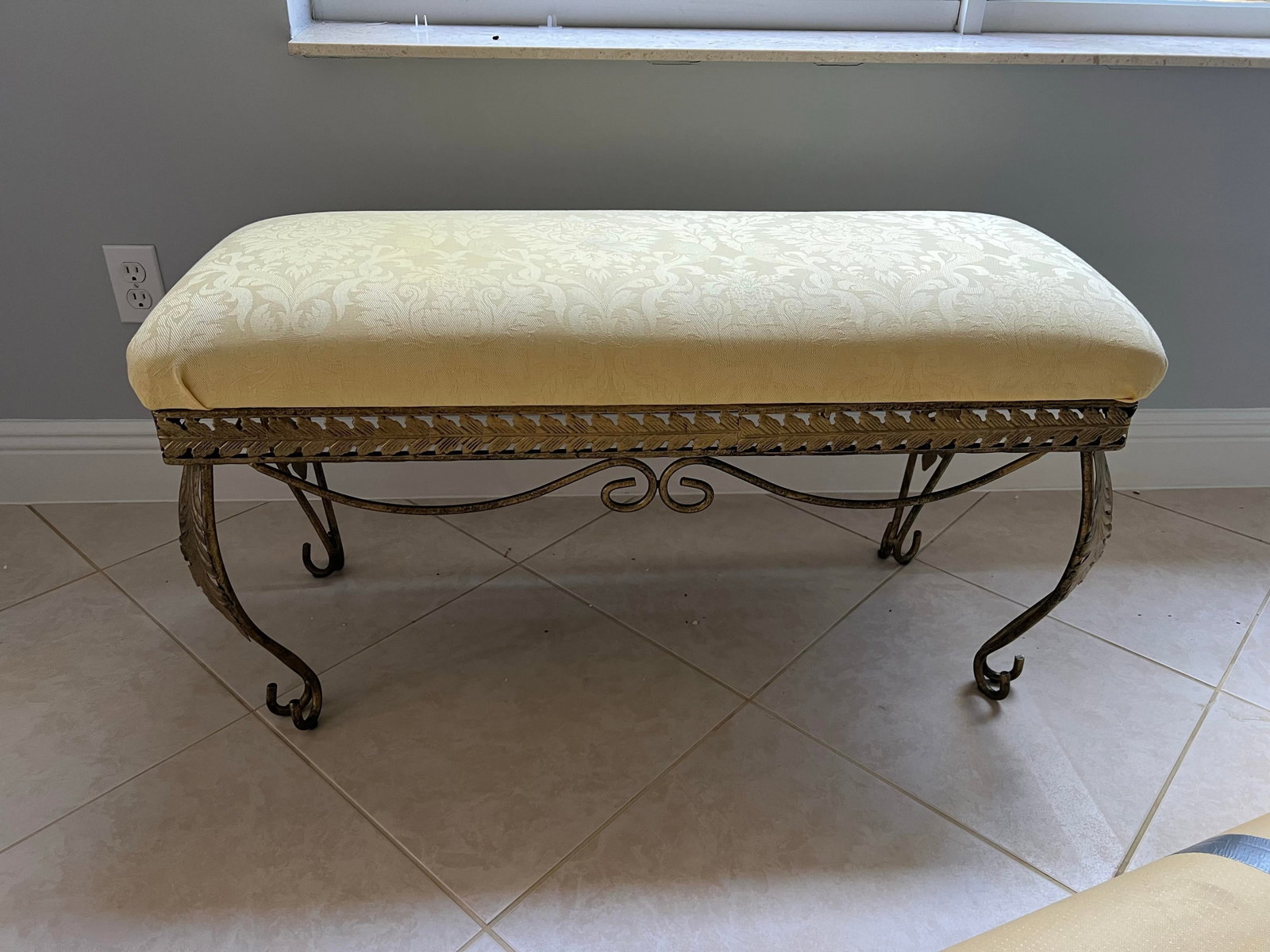 Vintage Metal Base Bench Yellow Damask Fabric Seat - 4