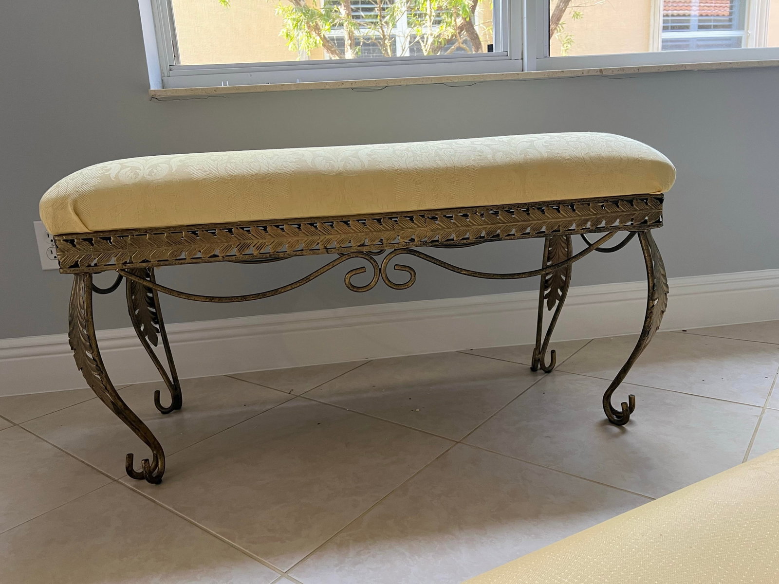 Vintage Metal Base Bench Yellow Damask Fabric Seat - 5