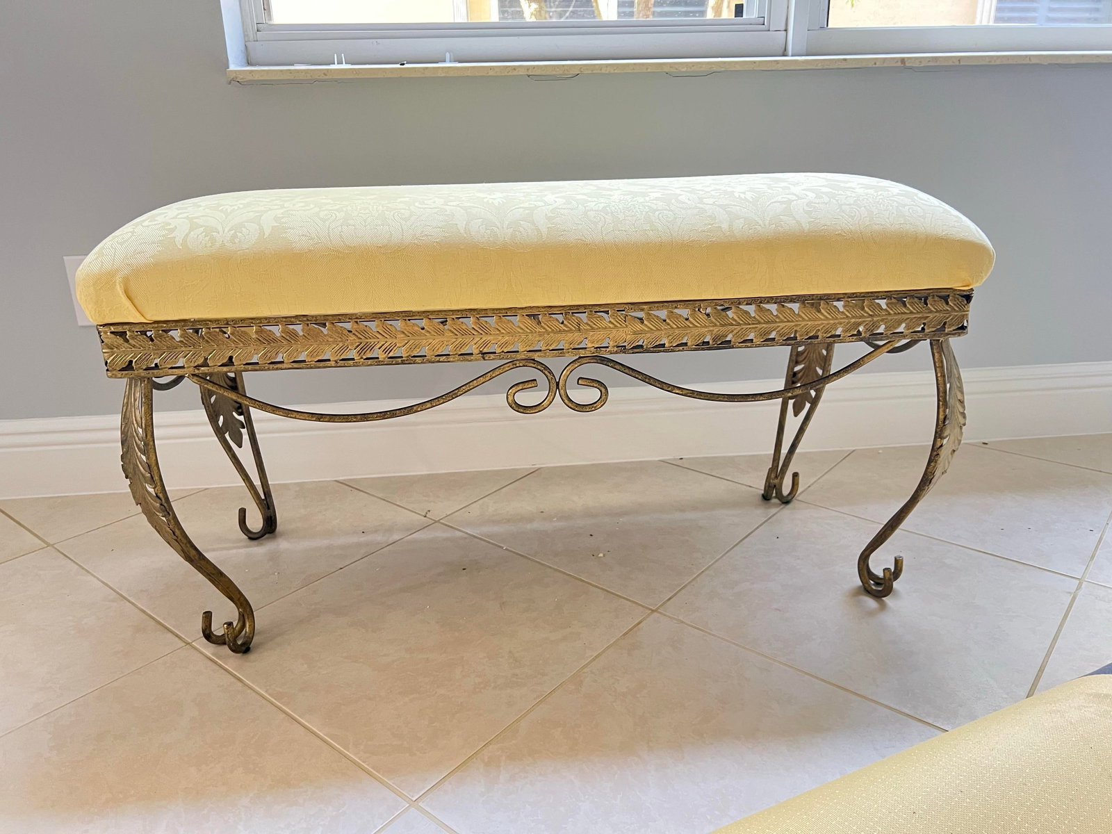 Vintage Metal Base Bench Yellow Damask Fabric Seat - 7