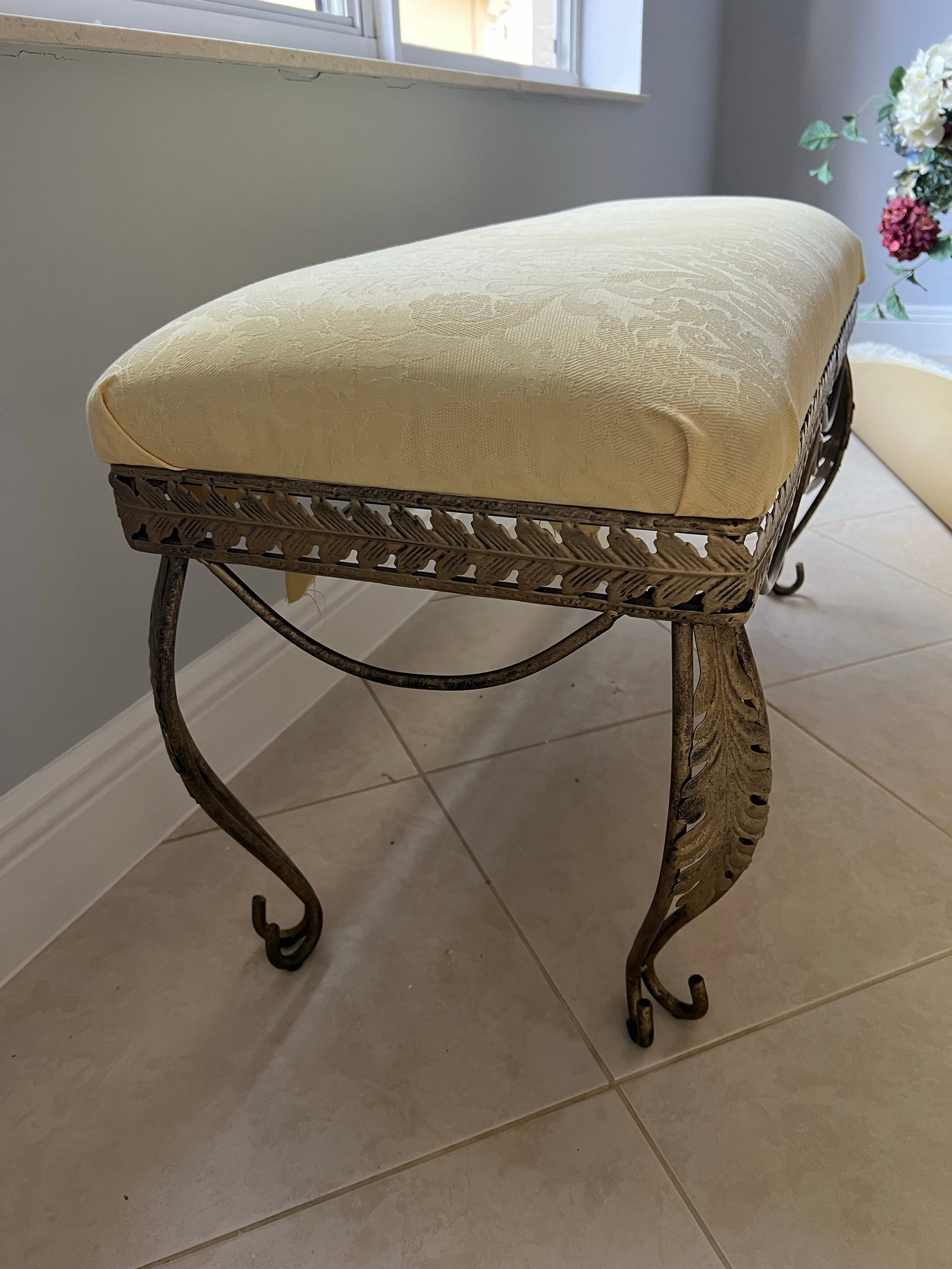 Vintage Metal Base Bench Yellow Damask Fabric Seat - 8