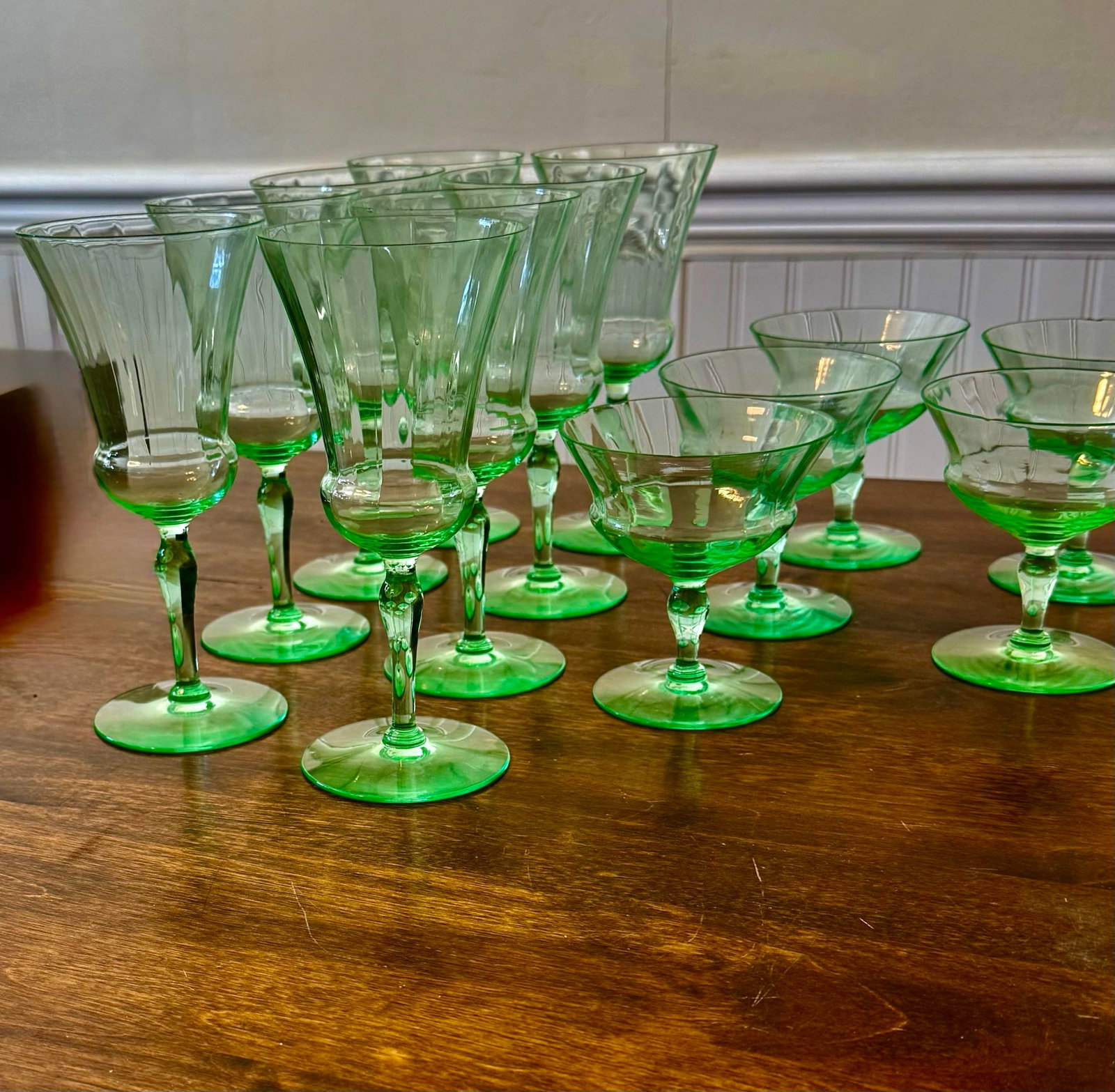 Early 20th Century Uranium Vaseline Glass Cambodia Stemware by Utility Glass Works - Set of 13 - 5