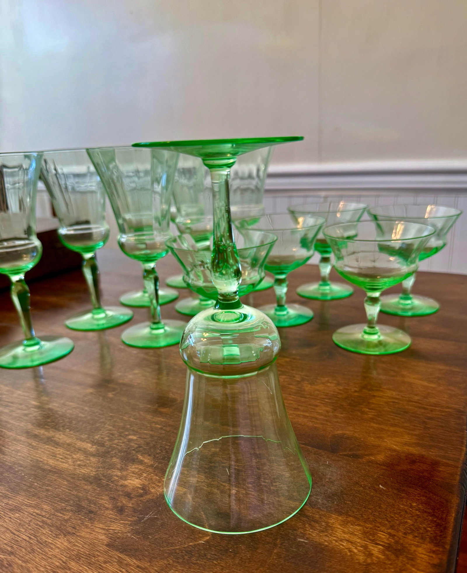 Early 20th Century Uranium Vaseline Glass Cambodia Stemware by Utility Glass Works - Set of 13 - 6