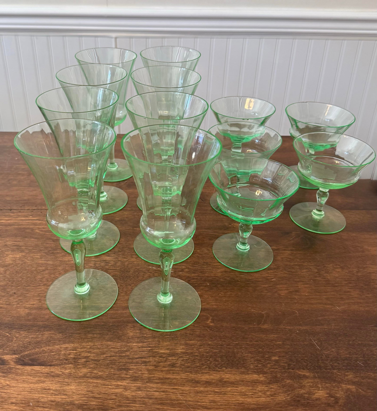 Early 20th Century Uranium Vaseline Glass Cambodia Stemware by Utility Glass Works - Set of 13 - 7
