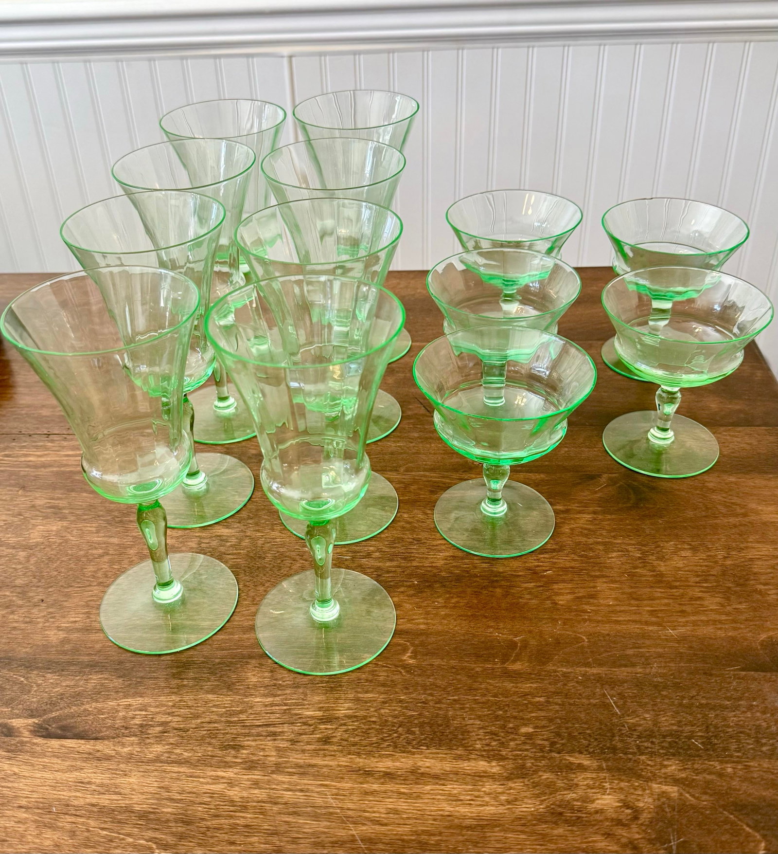 Early 20th Century Uranium Vaseline Glass Cambodia Stemware by Utility Glass Works - Set of 13 - 8