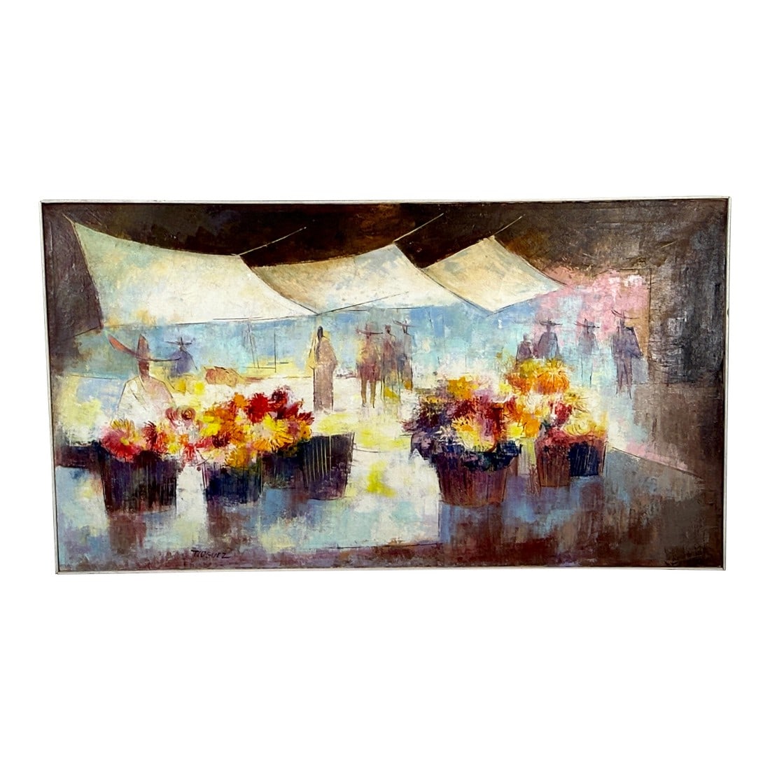 Mid Century Modern Juan R. Noguez Expressionist Oil on Canvas Flower Market Scene With Figures: This oil on canvas painting by Mexican-American artist Juan R. Noguez (b.1929) depicts a flower market scene with buckets of colorful blooms in the foreground and figures under an awning in the backgr