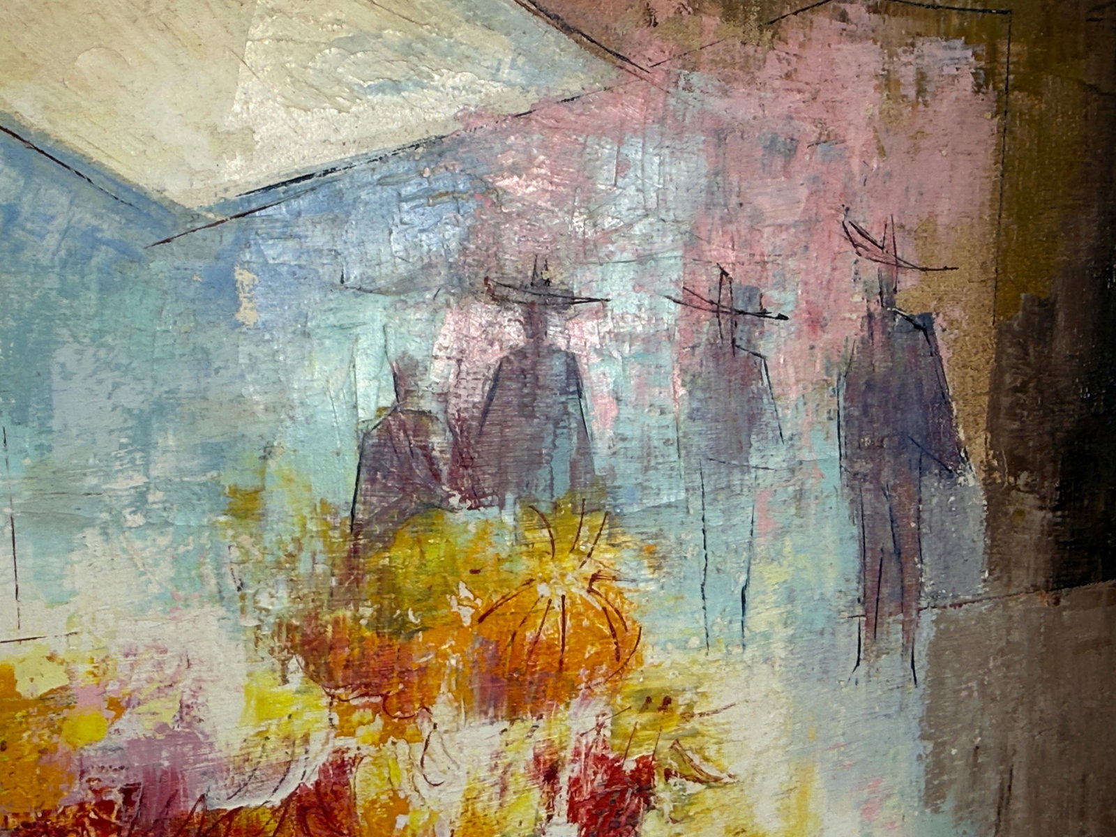 Mid Century Modern Juan R. Noguez Expressionist Oil on Canvas Flower Market Scene With Figures - 2