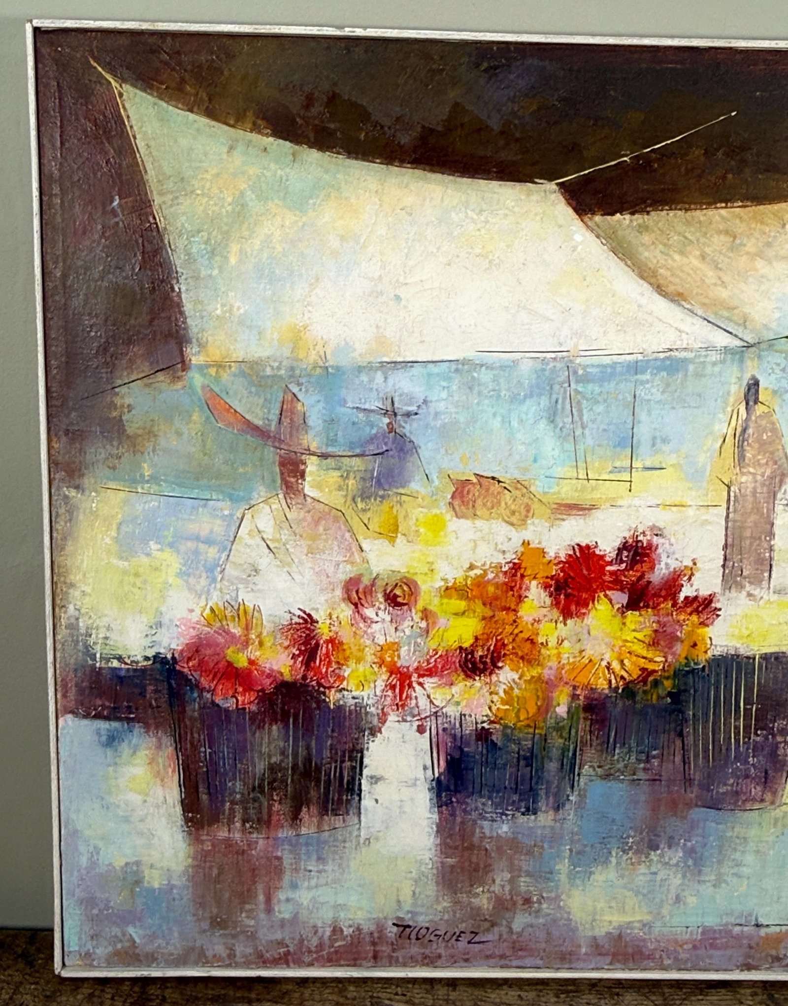 Mid Century Modern Juan R. Noguez Expressionist Oil on Canvas Flower Market Scene With Figures - 3
